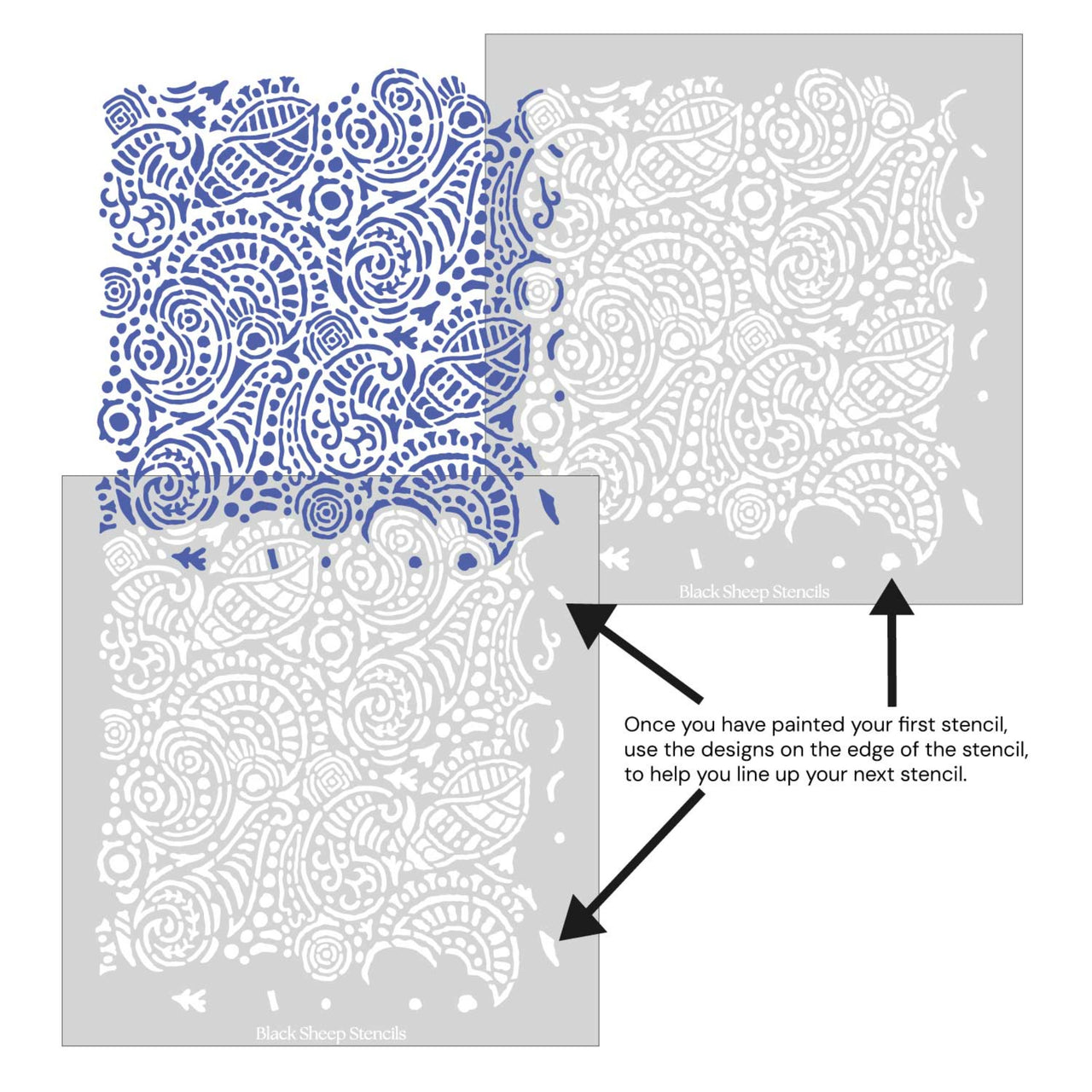Abstract seashells wall stencil shown with alignment guides, demonstrating how to line up overlapping stencil sheets for a continuous seashell pattern during DIY wall painting.