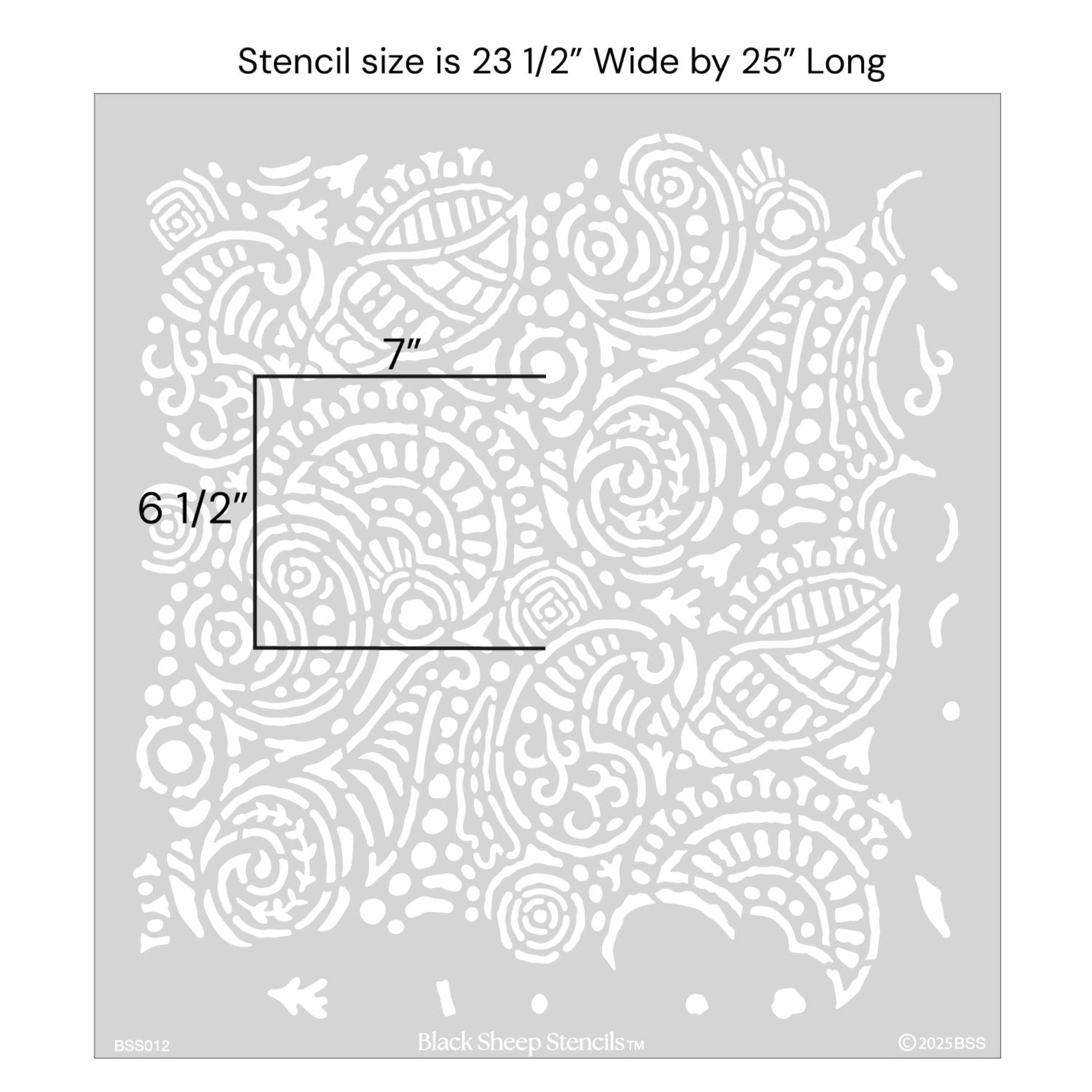 Abstract seashell wall stencil with full product dimensions showing 23 1/2 inches wide by 25 inches long.