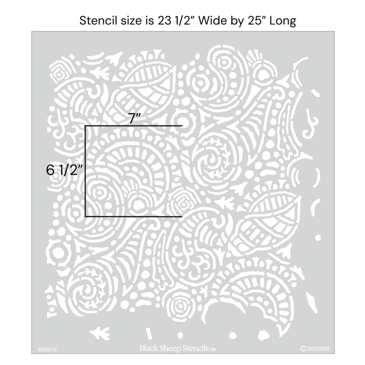 Abstract seashell wall stencil with full product dimensions showing 23 1/2 inches wide by 25 inches long.