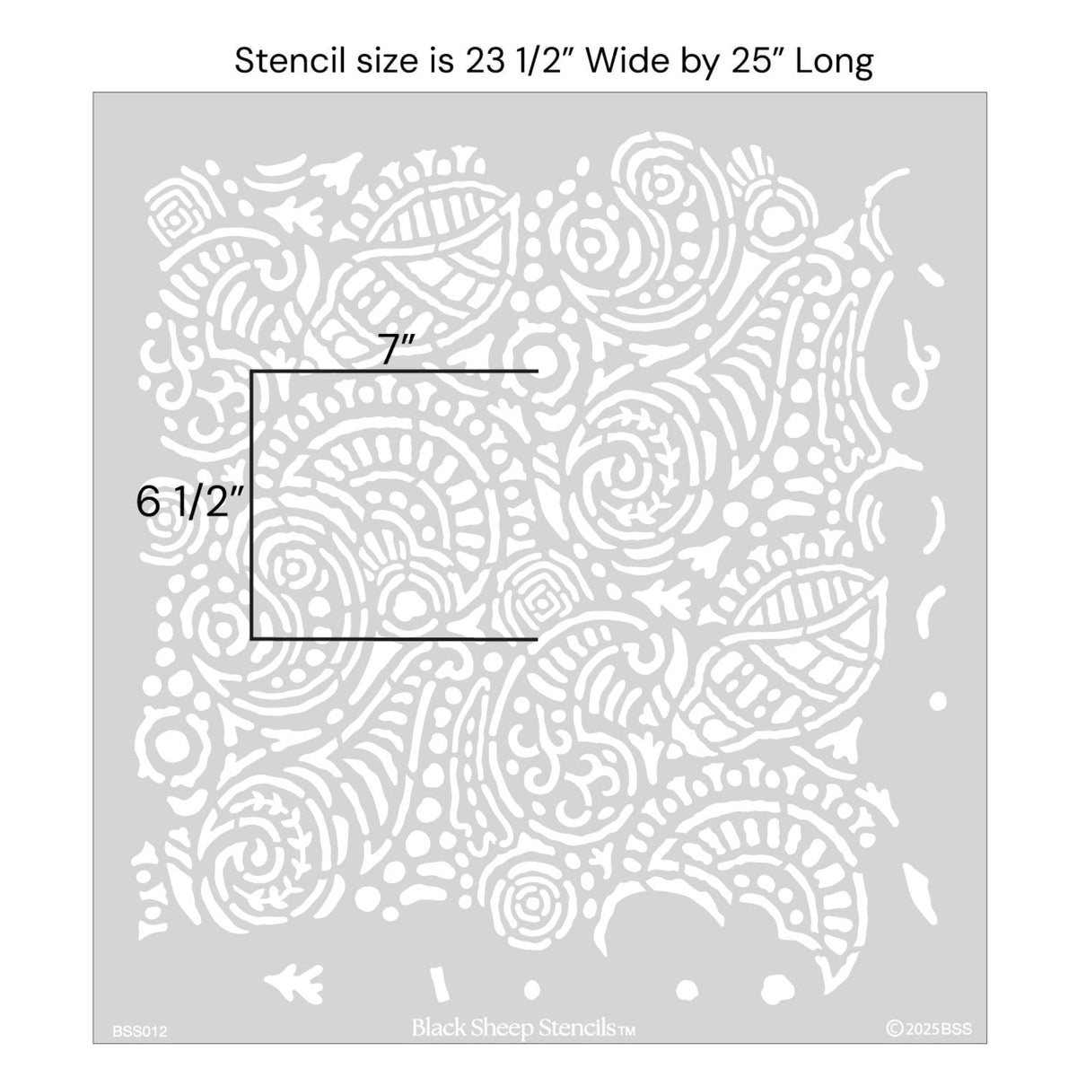 Abstract seashell wall stencil with full product dimensions showing 23 1/2 inches wide by 25 inches long.