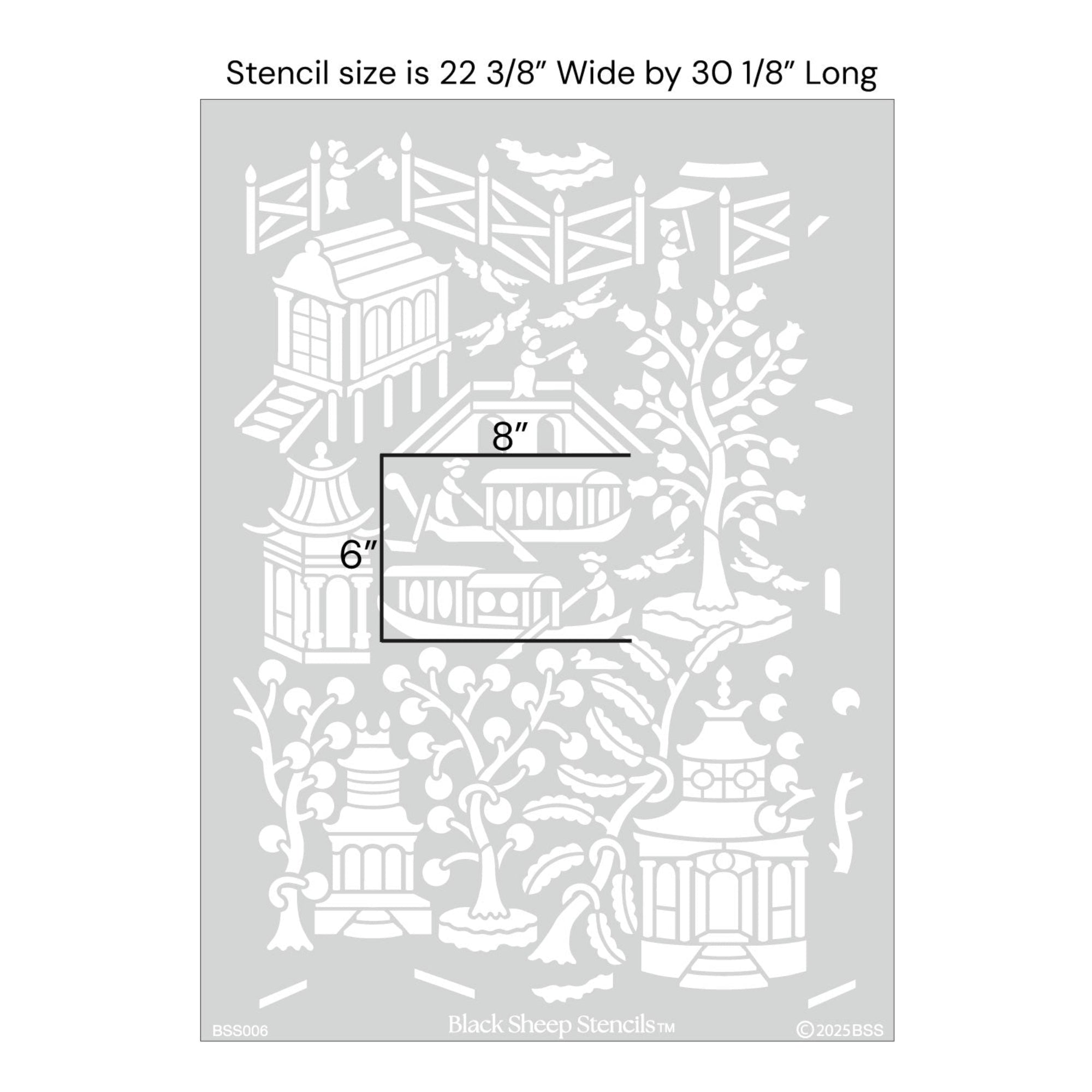 Asian garden wall stencil with product dimensions showing 22 1/8 inches wide by 30 1/8 inches long.
