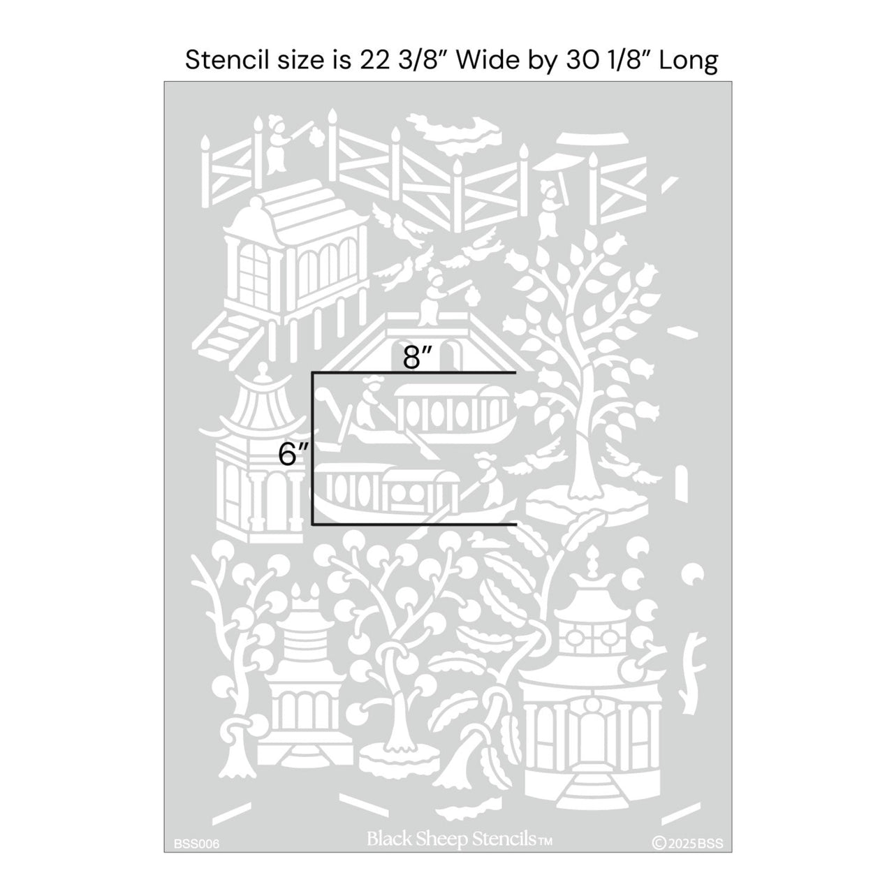 Asian garden wall stencil with product dimensions showing 22 1/8 inches wide by 30 1/8 inches long.
