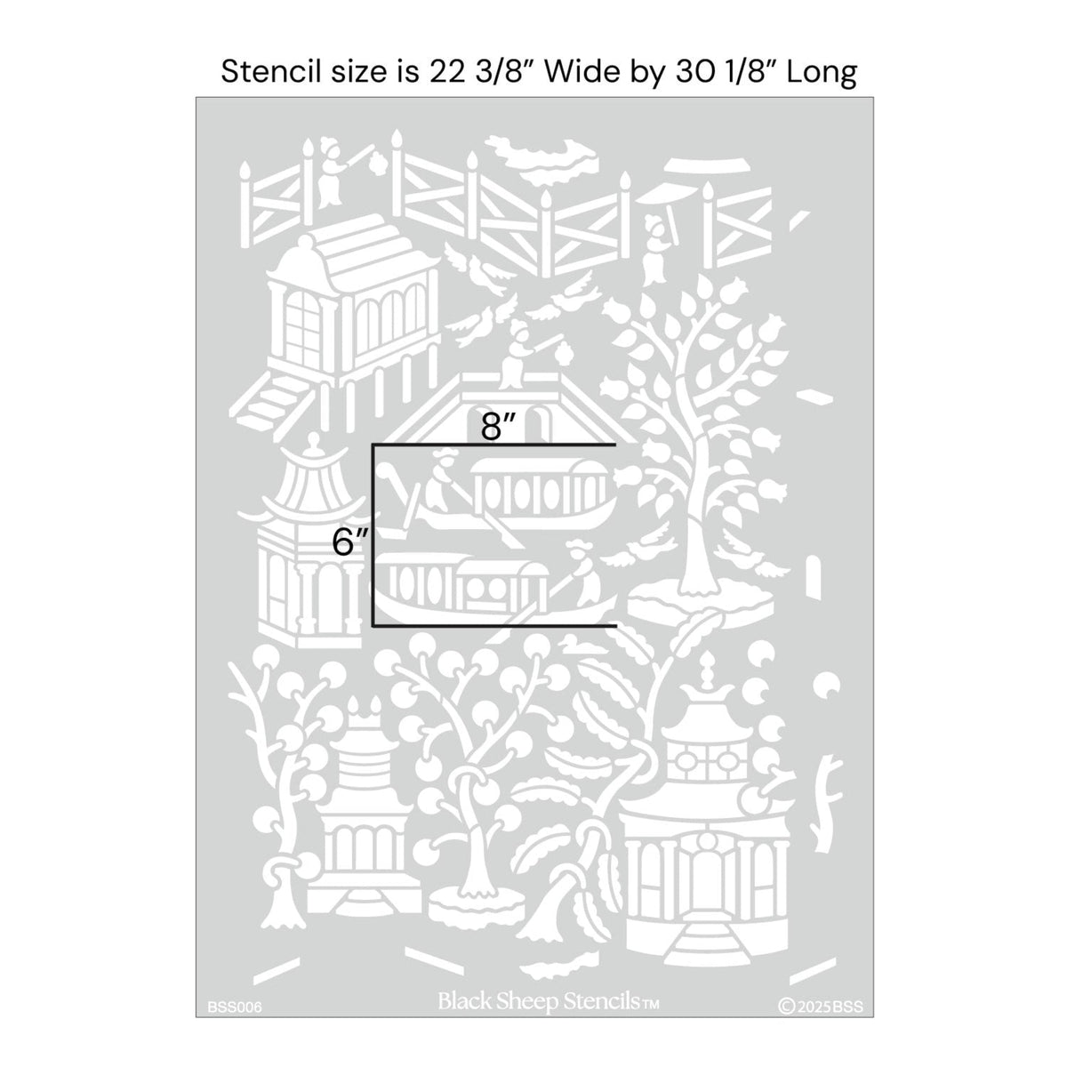 Asian garden wall stencil with product dimensions showing 22 1/8 inches wide by 30 1/8 inches long.
