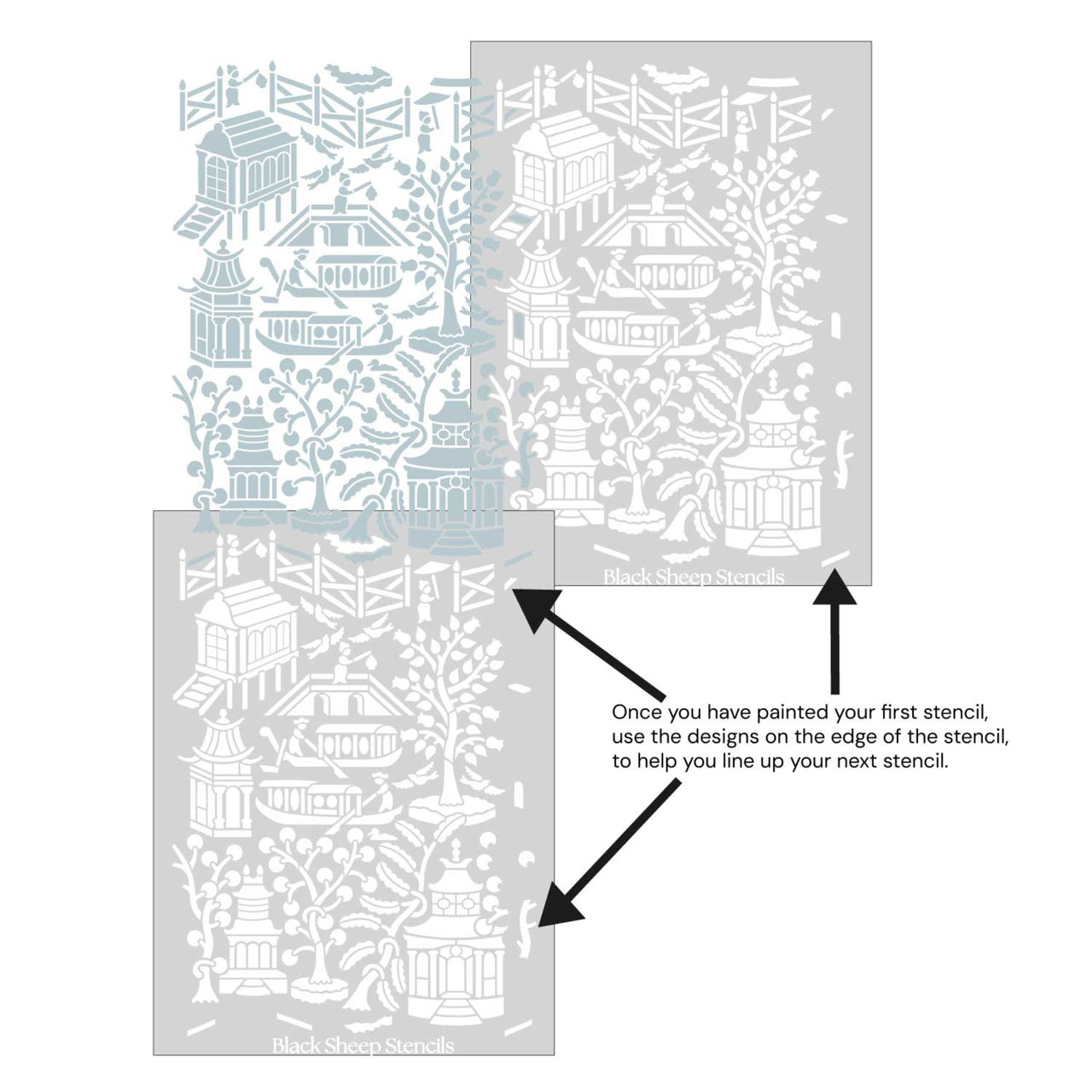 Asian garden wall stencil shown with alignment guides, demonstrating how to line up overlapping stencil sheets for continuous floral pattern during DIY wall painting.