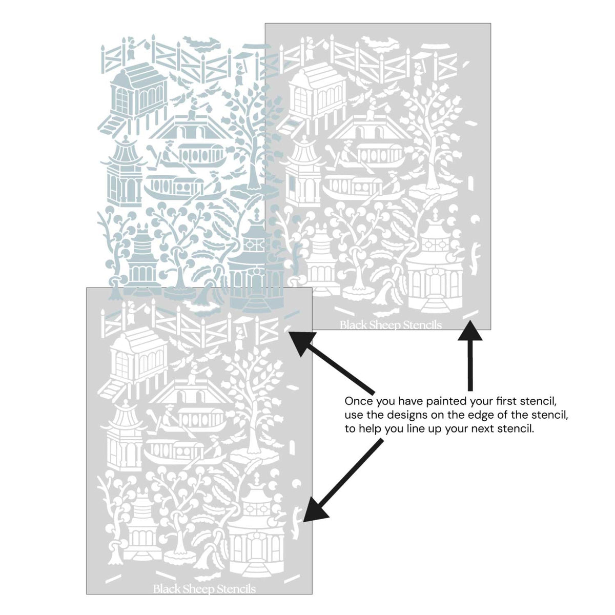 Asian garden wall stencil shown with alignment guides, demonstrating how to line up overlapping stencil sheets for continuous floral pattern during DIY wall painting.