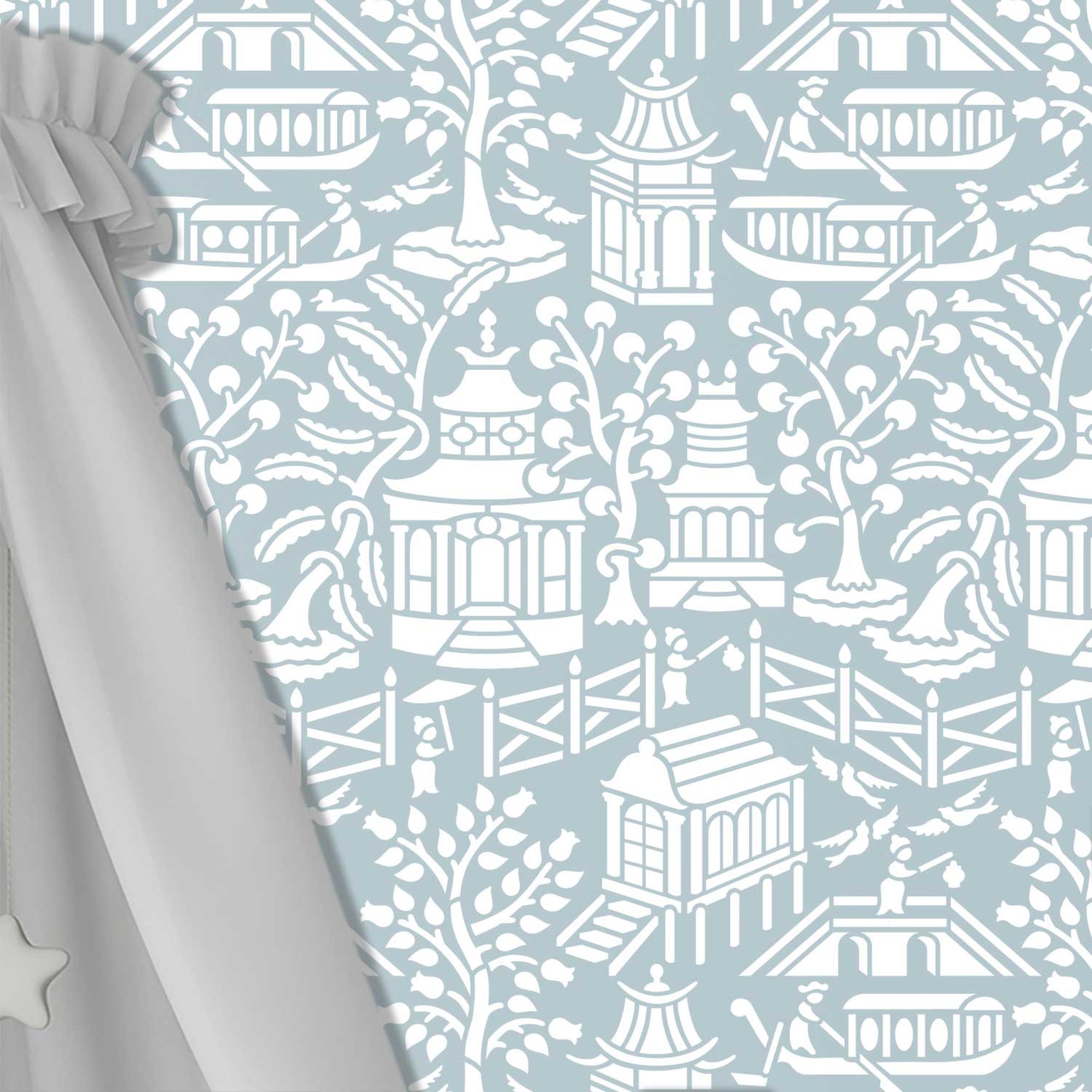 Asian garden wall stencil shown in blue and white design with repeating motifs, ideal for DIY painting and interior decor.