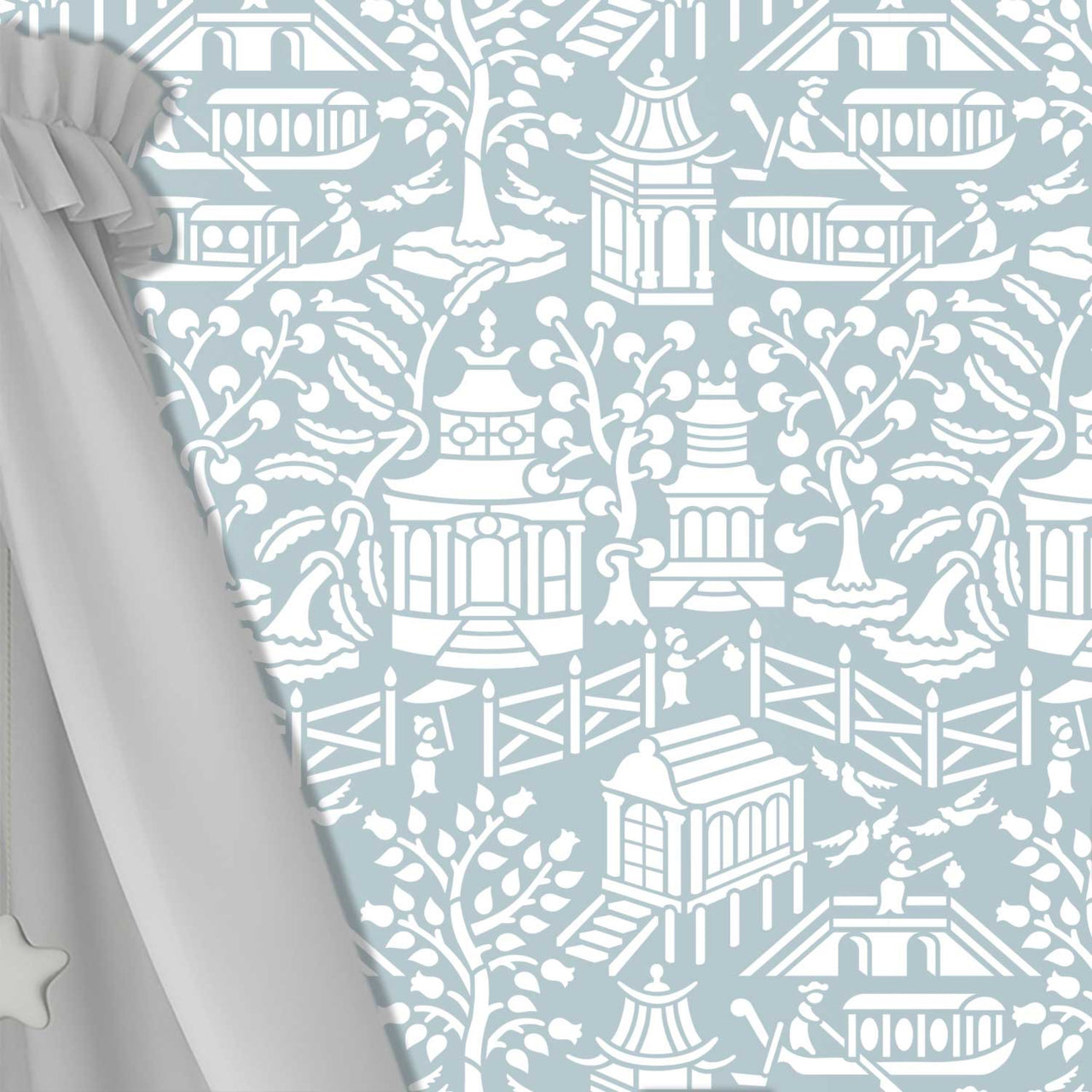 Asian garden wall stencil shown in blue and white design with repeating motifs, ideal for DIY painting and interior decor.