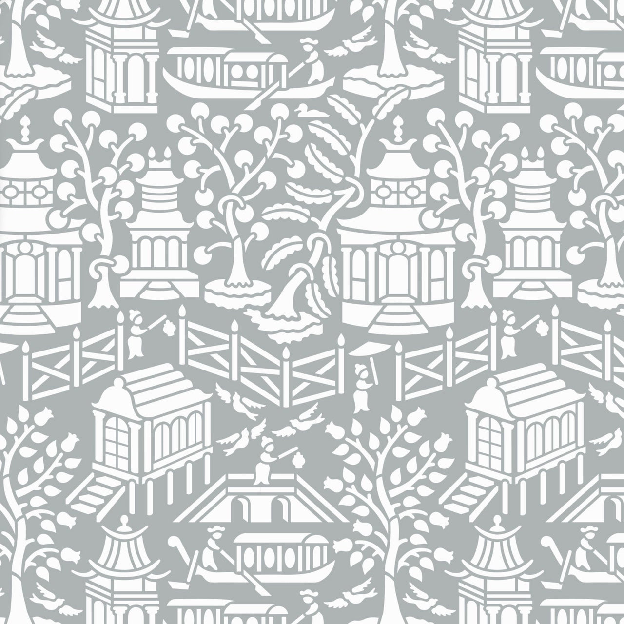 Asian garden wall stencil shown in gray and white design with repeating motifs, ideal for DIY painting and interior decor.