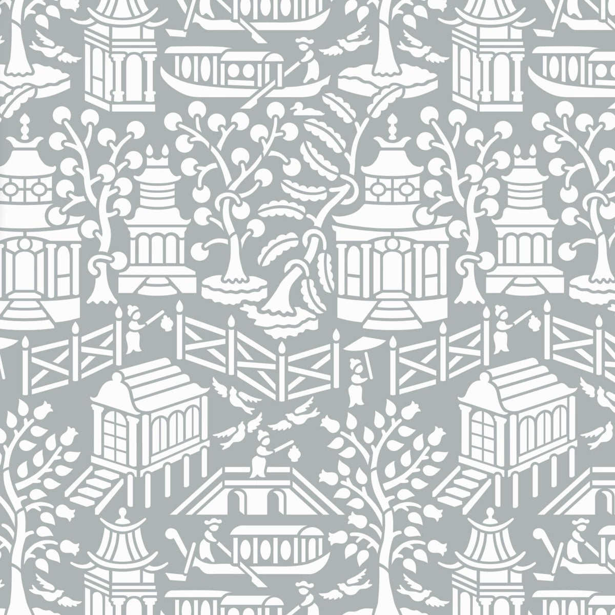 Asian garden wall stencil shown in gray and white design with repeating motifs, ideal for DIY painting and interior decor.