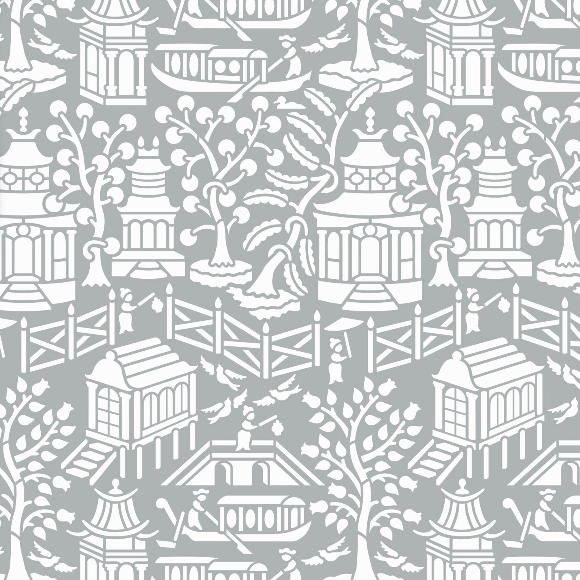 Asian garden wall stencil shown in gray and white design with repeating motifs, ideal for DIY painting and interior decor.
