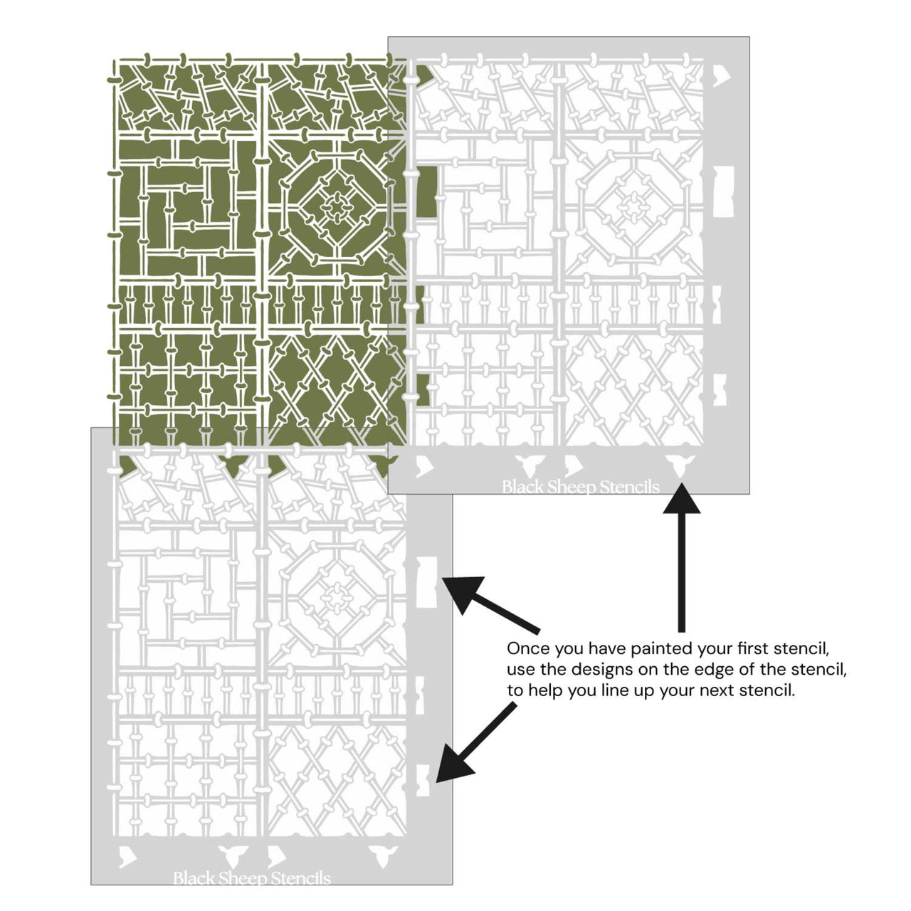 Bamboo wall stencil shown with alignment guides, demonstrating how to line up overlapping stencil sheets for continuous floral pattern during DIY wall painting.