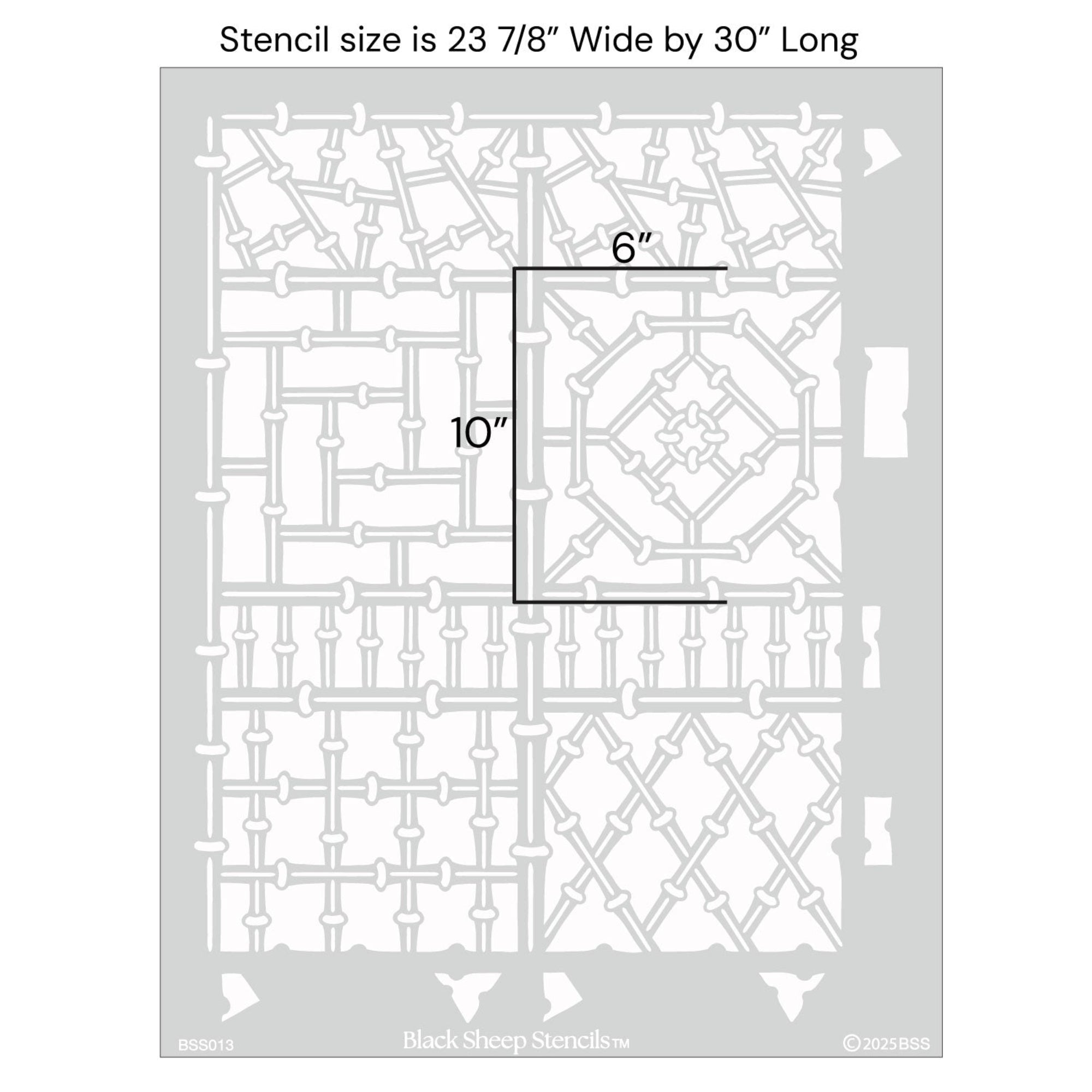 Bamboo wall stencil with product dimensions showing 23 7/8 inches wide by 30 inches long.