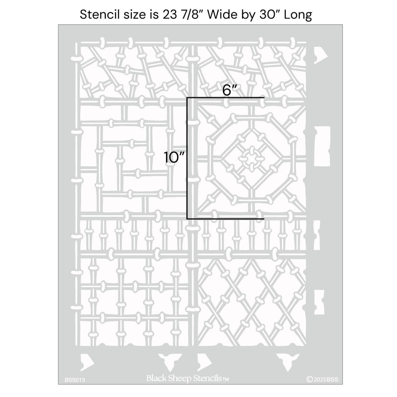 Bamboo wall stencil with product dimensions showing 23 7/8 inches wide by 30 inches long.
