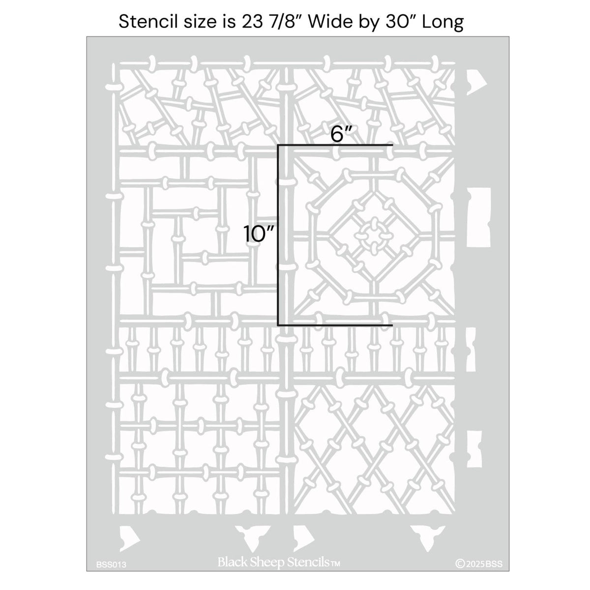 Bamboo wall stencil with product dimensions showing 23 7/8 inches wide by 30 inches long.