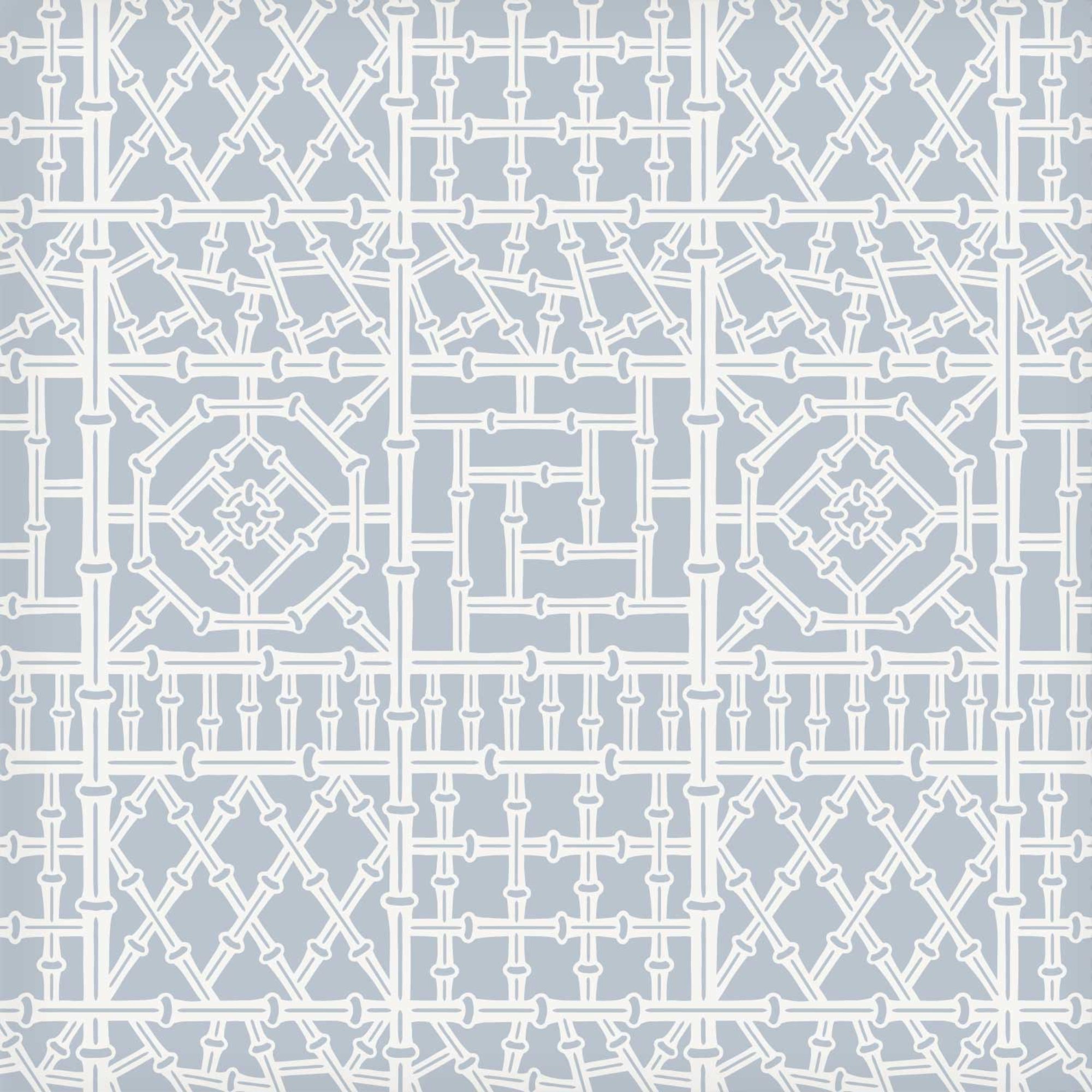 Bamboo wall stencil pattern shown in blue and white geometric design with repeating motifs, ideal for DIY wall painting and interior decor projects.