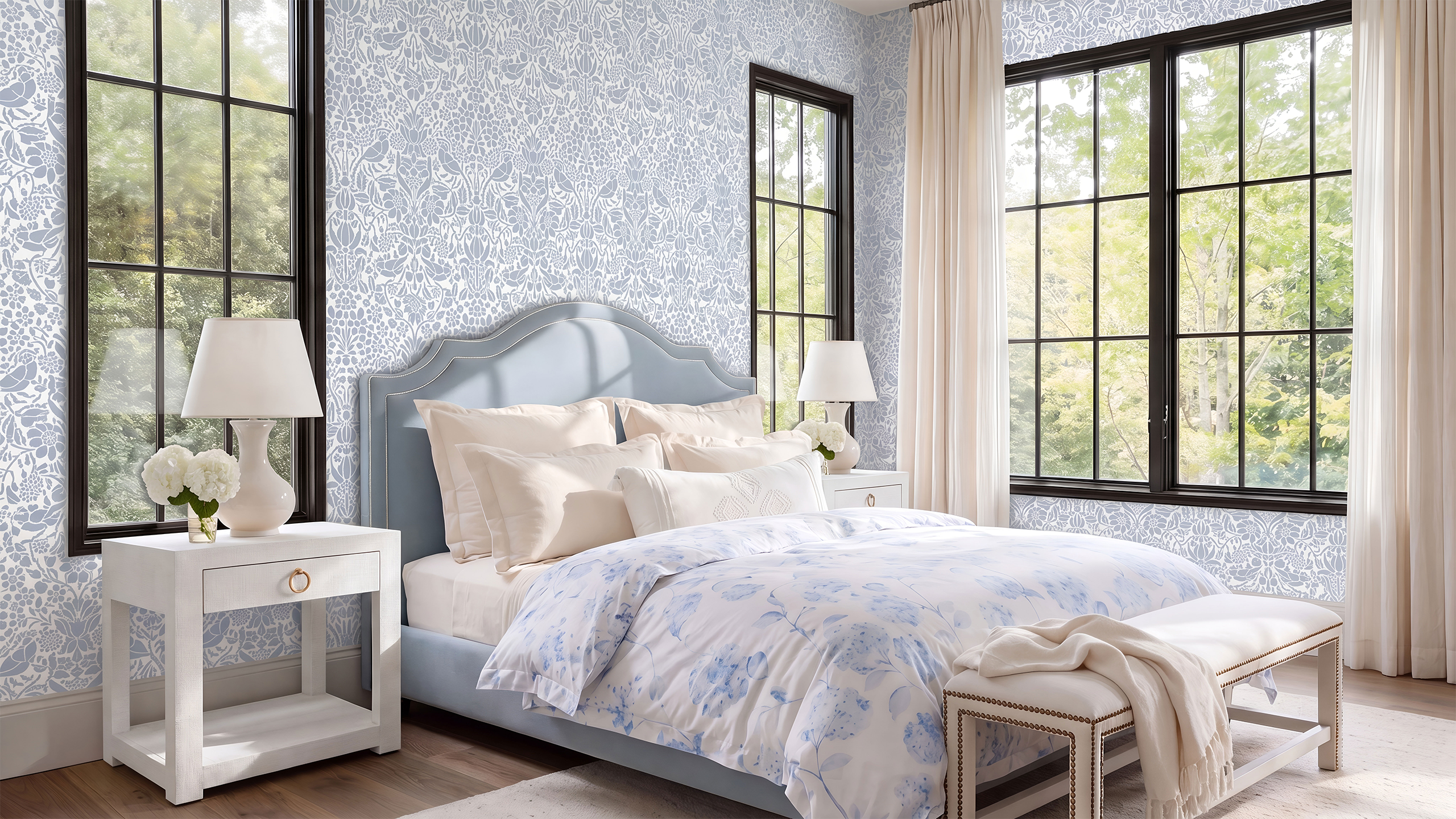 A beautifully styled bedroom featuring a light blue damask wall stenciled wall, a light blue upholstered bed with white and blue patterned bedding, white nightstands with lamps, and large black-framed windows with beige curtains.