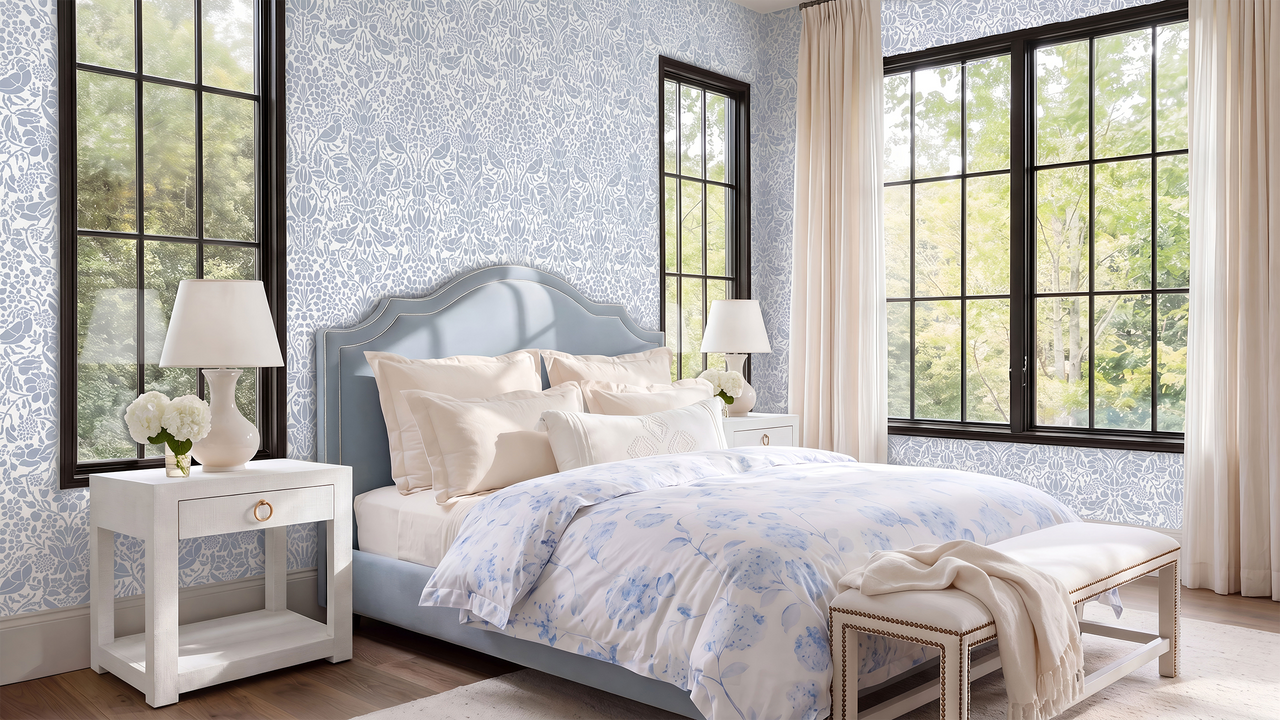 A beautifully styled bedroom featuring a light blue damask wall stenciled wall, a light blue upholstered bed with white and blue patterned bedding, white nightstands with lamps, and large black-framed windows with beige curtains.