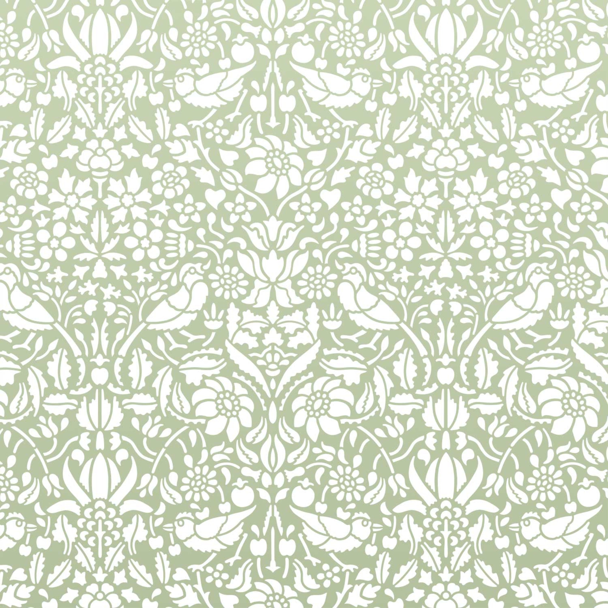 Birds and berries wall stencil shown in green and white tones with birds and foliage in repeat motifs, ideal for DIY wall painting and interior decor.