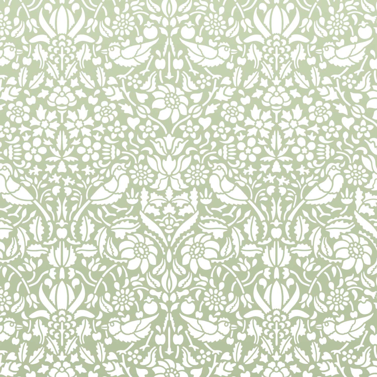 Birds and berries wall stencil shown in green and white tones with birds and foliage in repeat motifs, ideal for DIY wall painting and interior decor.