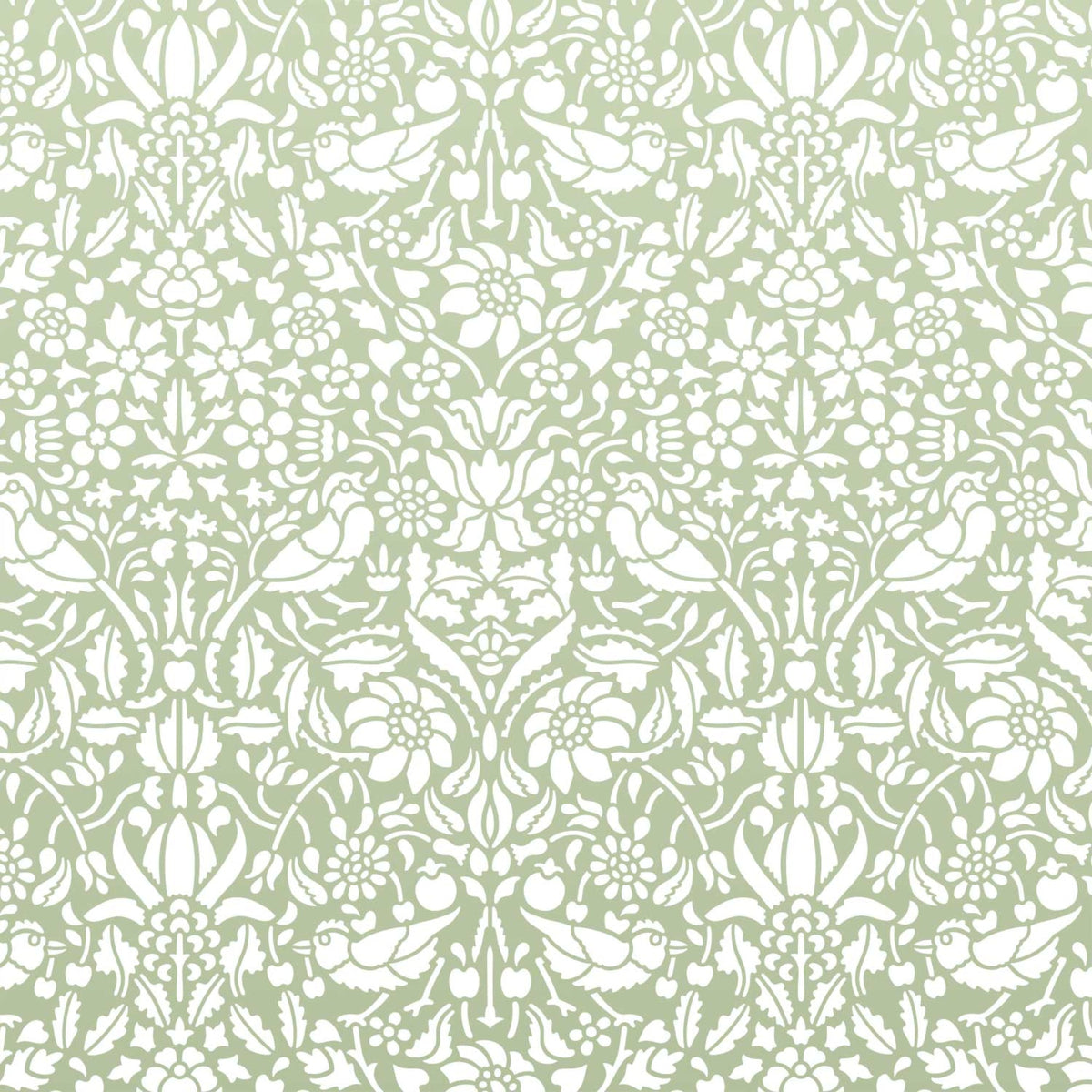 Birds and berries wall stencil shown in green and white tones with birds and foliage in repeat motifs, ideal for DIY wall painting and interior decor.