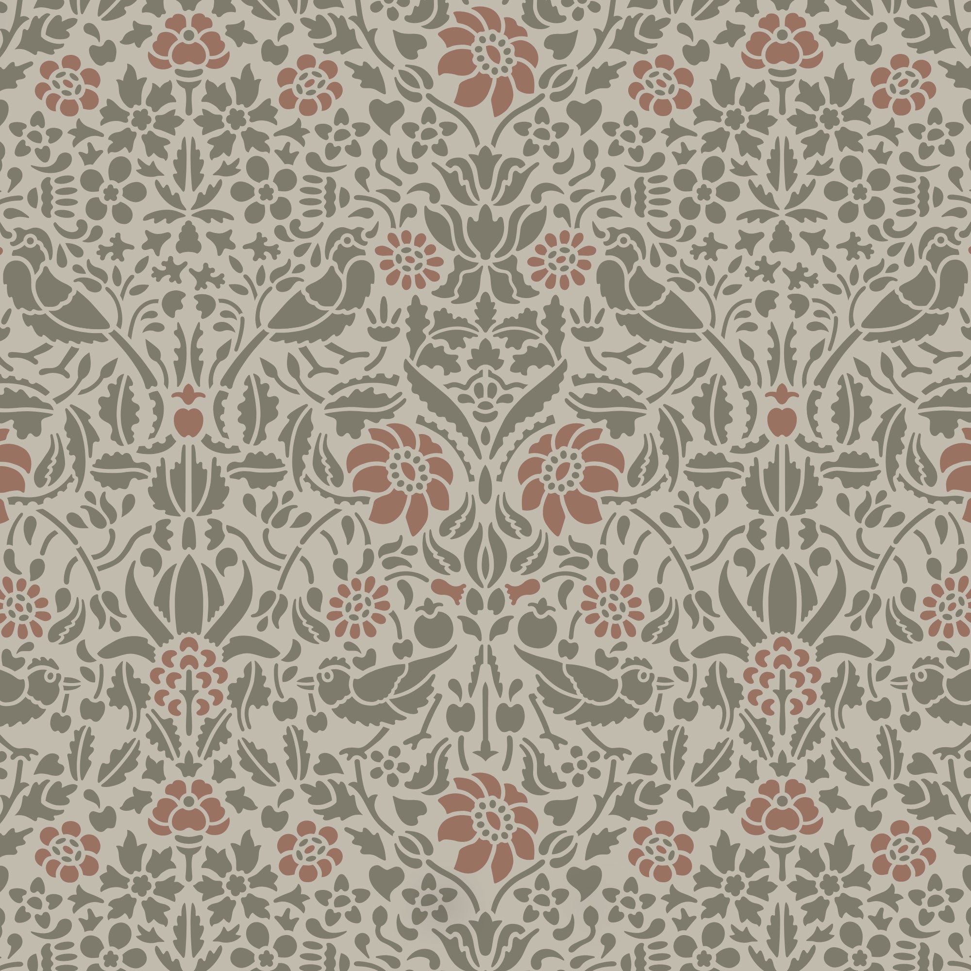 Birds and berries wall stencil shown in muted green and pink tones with birds and foliage in repeat motifs, ideal for DIY wall painting and interior decor.