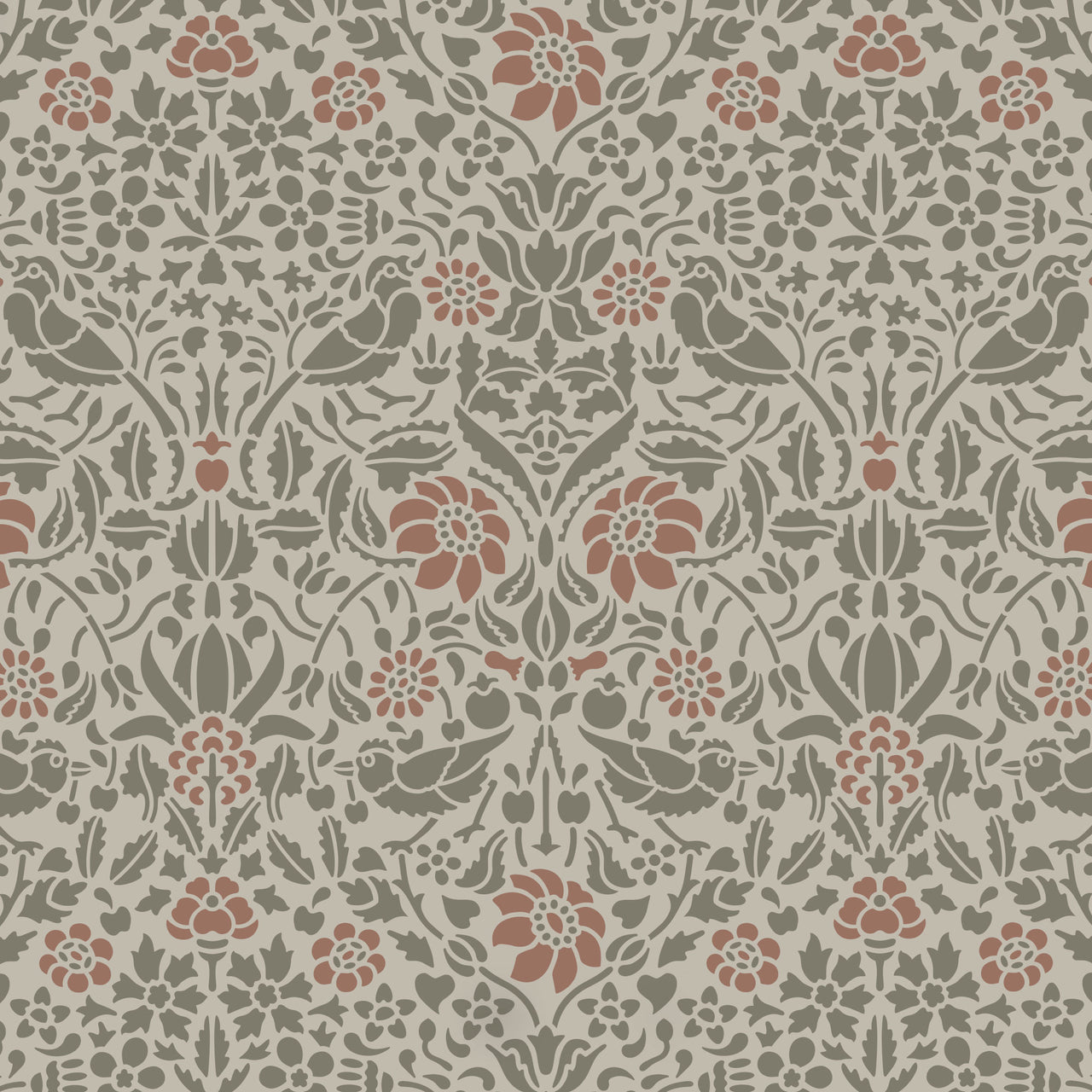 Birds and berries wall stencil shown in muted green and pink tones with birds and foliage in repeat motifs, ideal for DIY wall painting and interior decor.