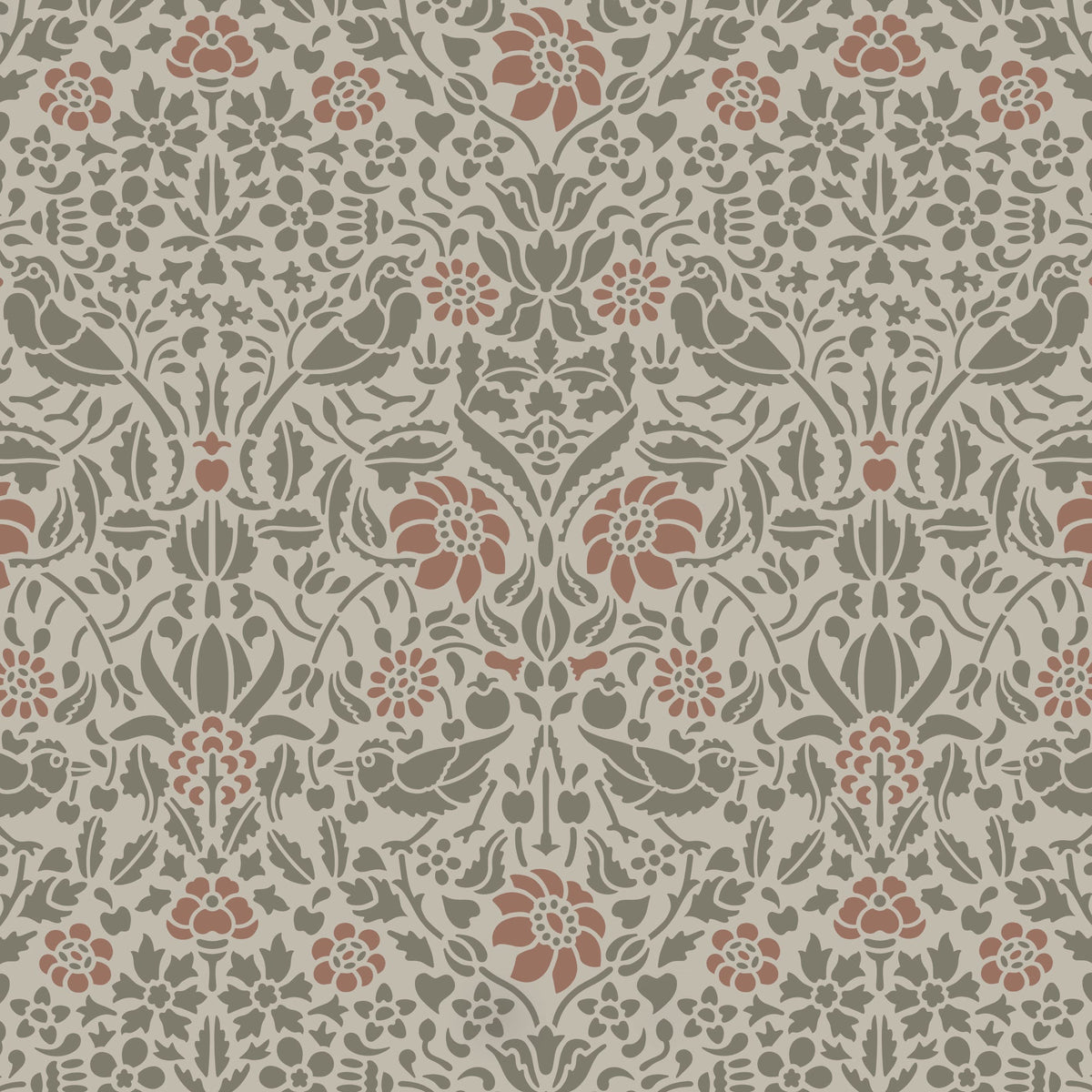 Birds and berries wall stencil shown in muted green and pink tones with birds and foliage in repeat motifs, ideal for DIY wall painting and interior decor.