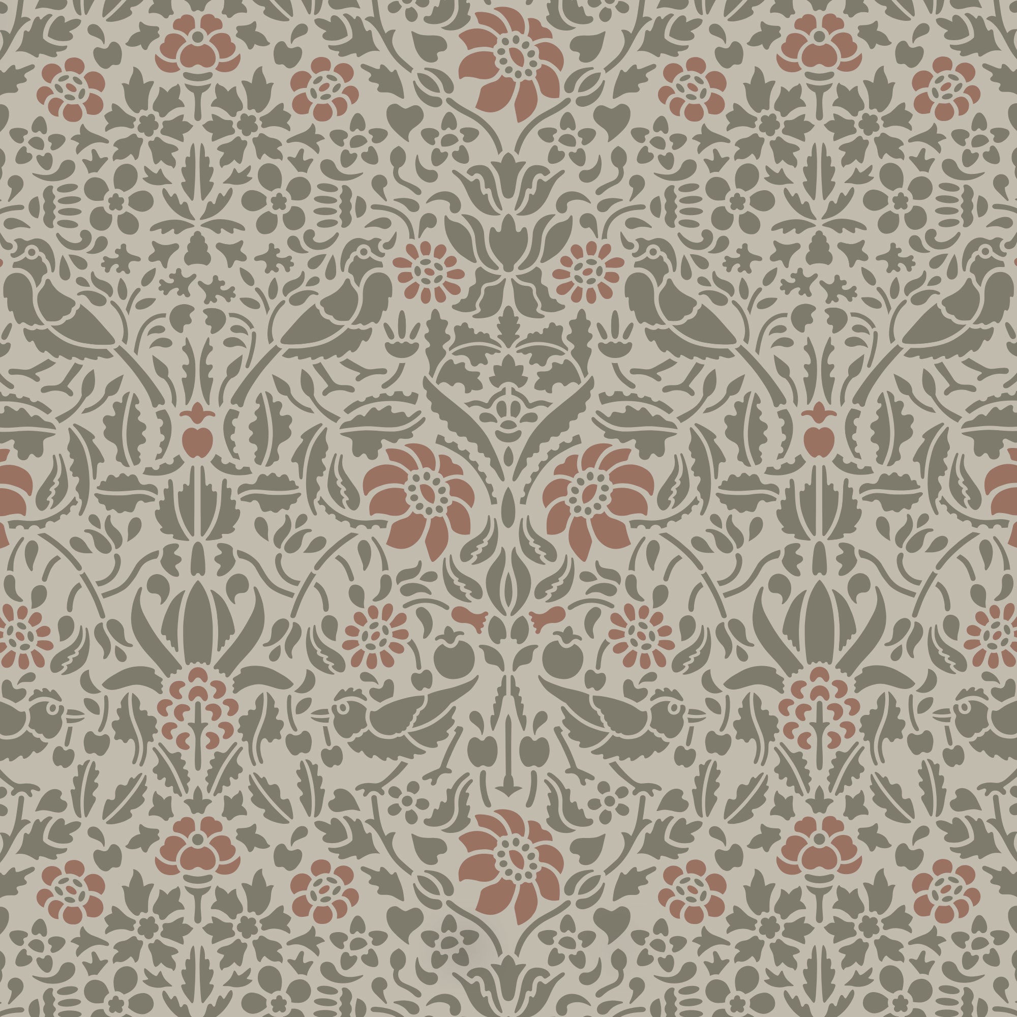 Birds and berries wall stencil shown in muted green and pink tones with birds and foliage in repeat motifs, ideal for DIY wall painting and interior decor.