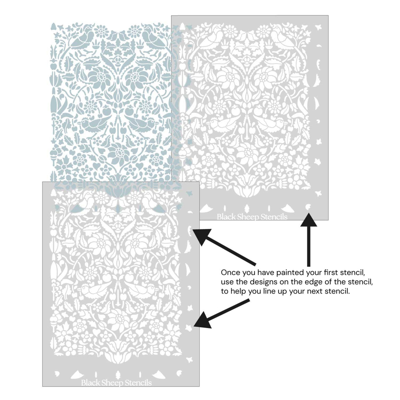 Birds and Berries wall stencil shown with alignment guides, demonstrating how to line up overlapping stencil sheets for continuous floral pattern during DIY wall painting.