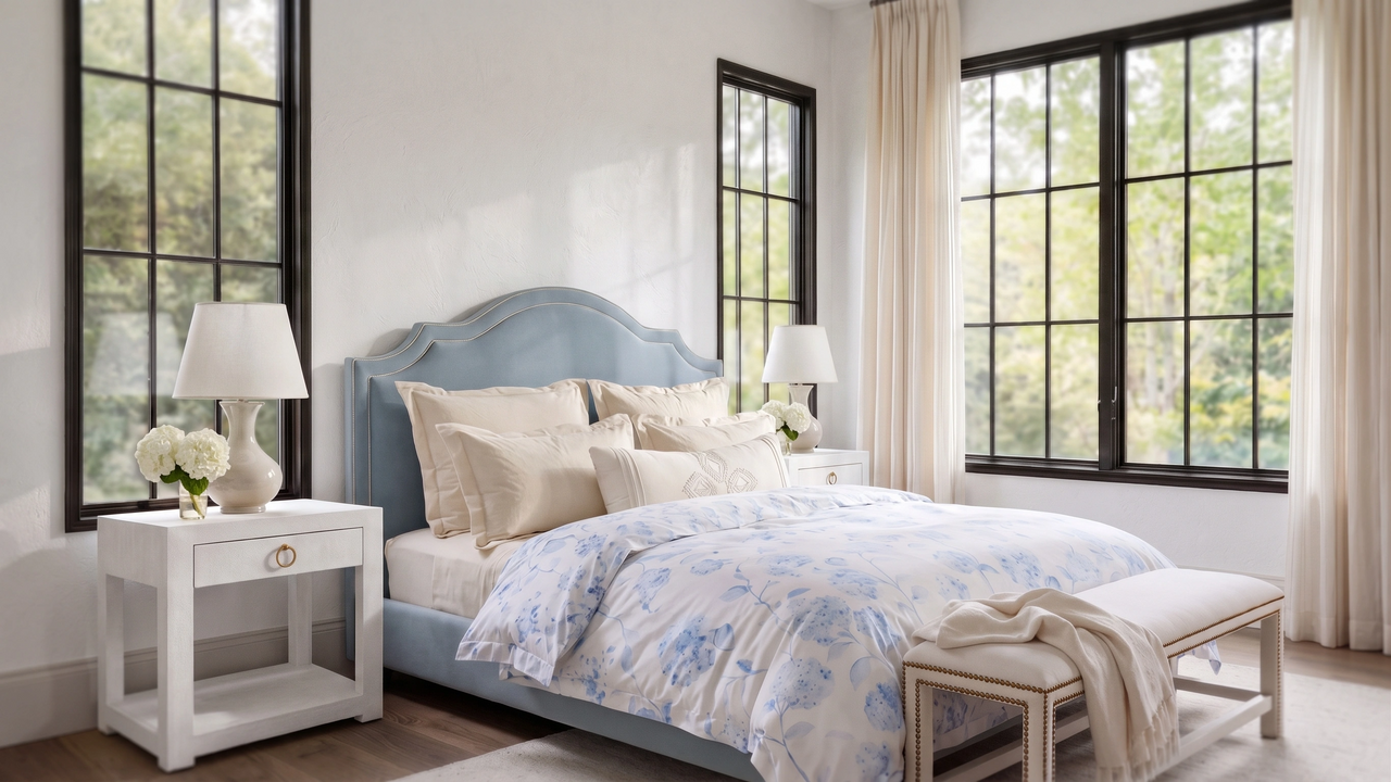 A styled bedroom interior featuring a light blue upholstered bed with cream bedding, white nightstands, black-framed windows, and sheer curtains.