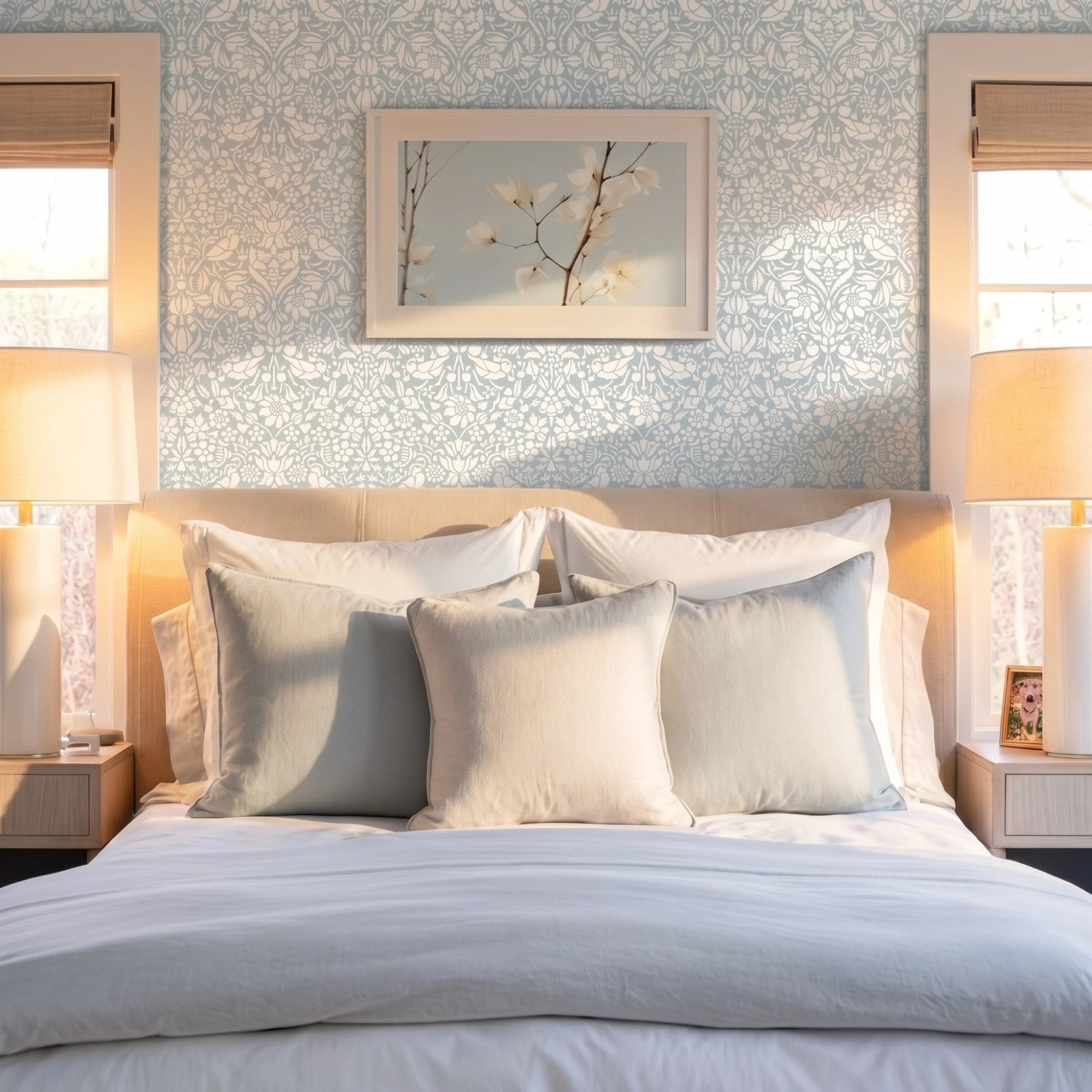 Birds and berries wall stencil applied on a wall above a wooden headboard with white pillows and a framed print of white flowers on a light blue sky, and natural light highlighting the blue and white painted stencil on the wall.