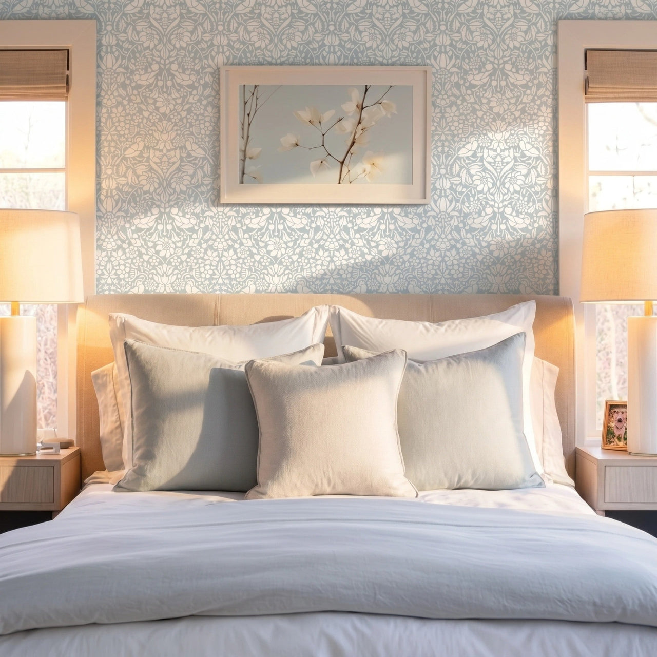 Birds and berries wall stencil applied on a wall above a wooden headboard with white pillows and a framed print of white flowers on a light blue sky, and natural light highlighting the blue and white painted stencil on the wall.