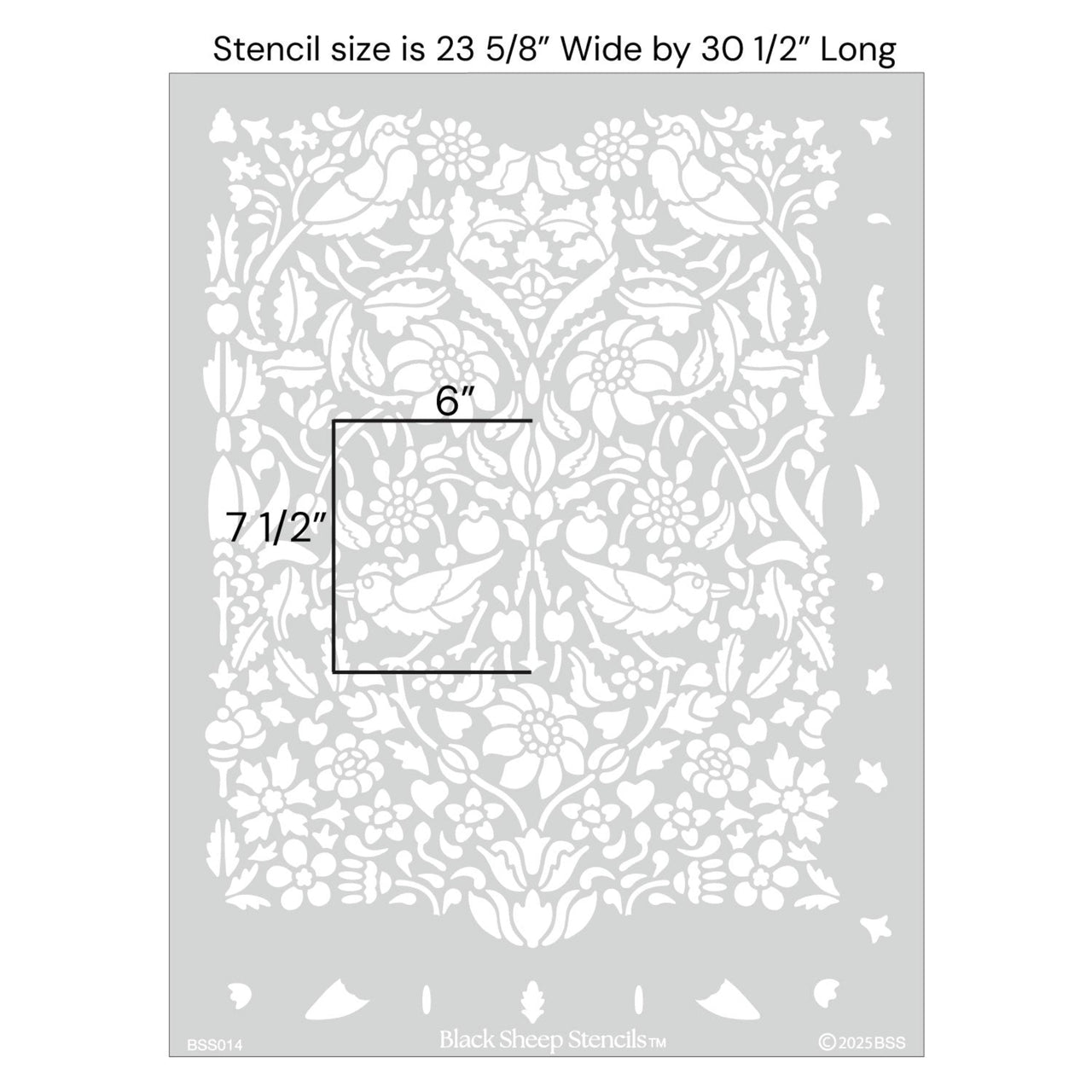 Birds and berries wall stencil with product dimensions showing 23 5/8 inches wide by 30 1/2 inches long.