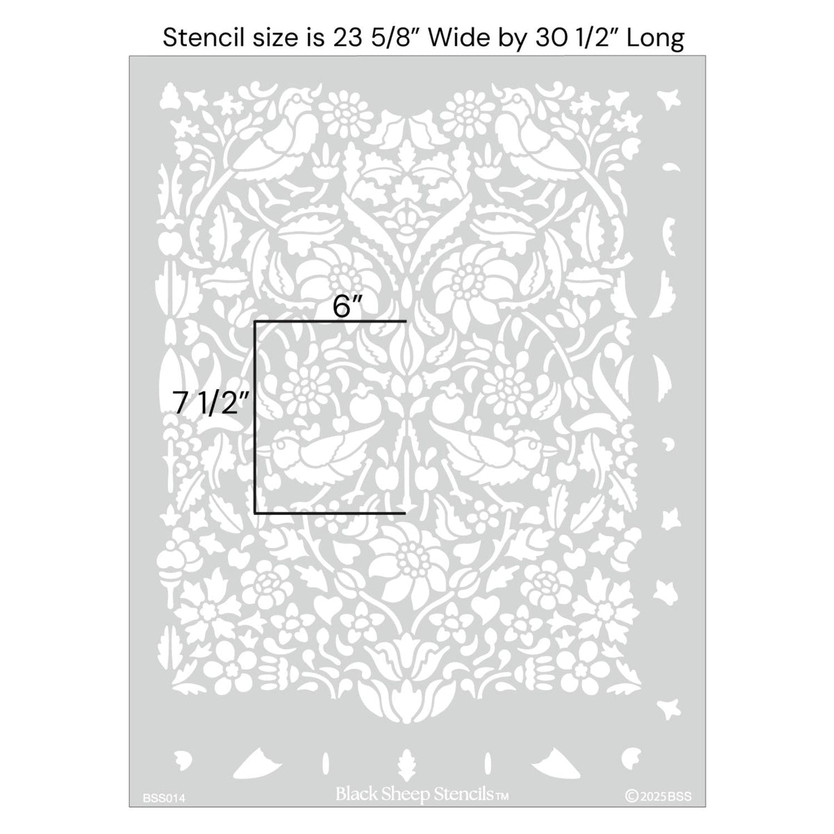Birds and berries wall stencil with product dimensions showing 23 5/8 inches wide by 30 1/2 inches long.