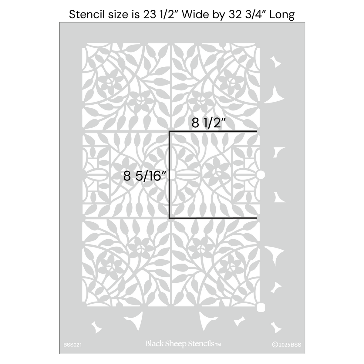 Image of Botanical tile wall stencil measuring 23 1/2" wide by 32 3/4" long with Black Sheep Stencils branding at the bottom.