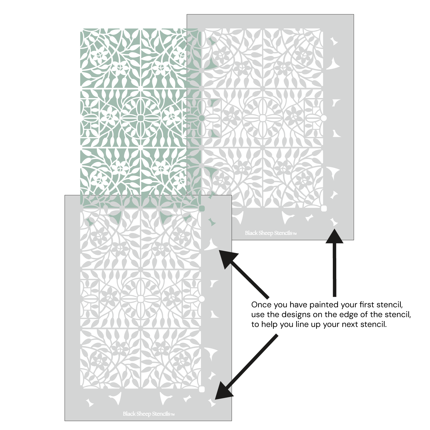 Botanical Tile  wall stencil shown with alignment guides, demonstrating how to line up overlapping stencil sheets for continuous floral pattern during DIY wall painting.