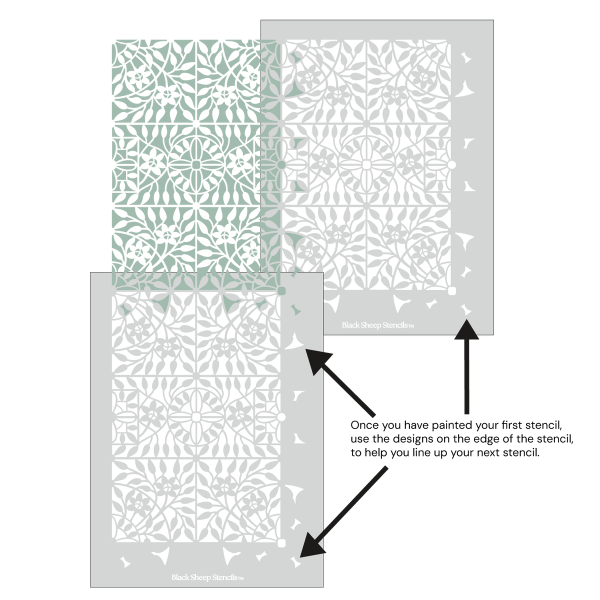 Botanical Tile  wall stencil shown with alignment guides, demonstrating how to line up overlapping stencil sheets for continuous floral pattern during DIY wall painting.