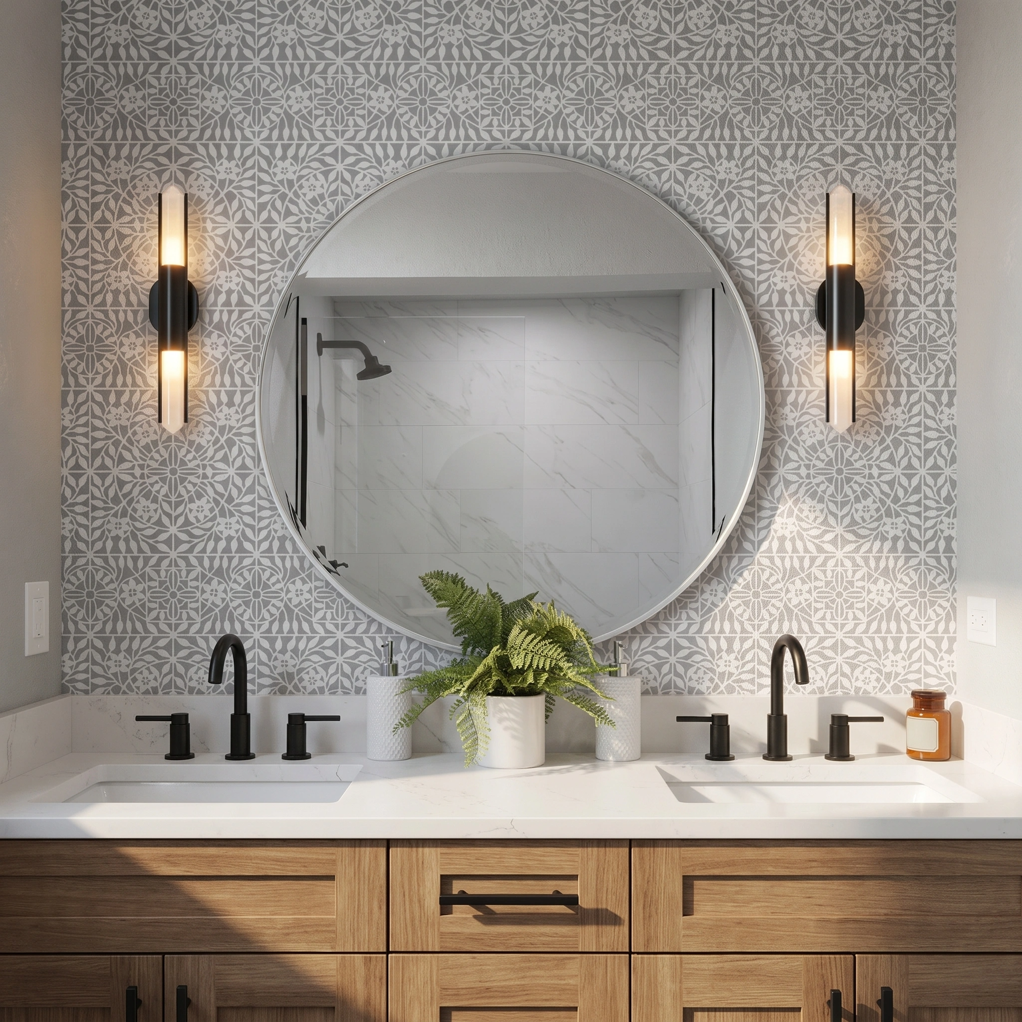 A modern wall-mounted sconce with a black metal frame and two vertical frosted glass lights emitting warm light, mounted on the wall painted with botanical tile wall stencil in grey next to a large round mirror.