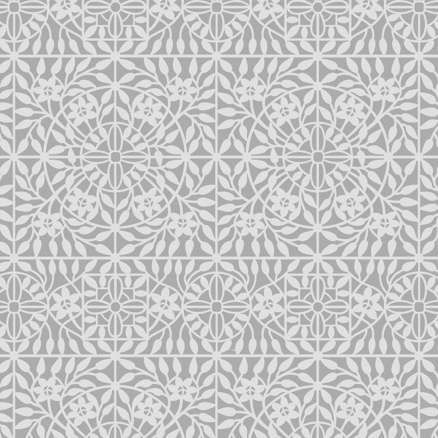 Gray and white seamless wall stencil featuring a repeating geometric and floral tile design in gray.