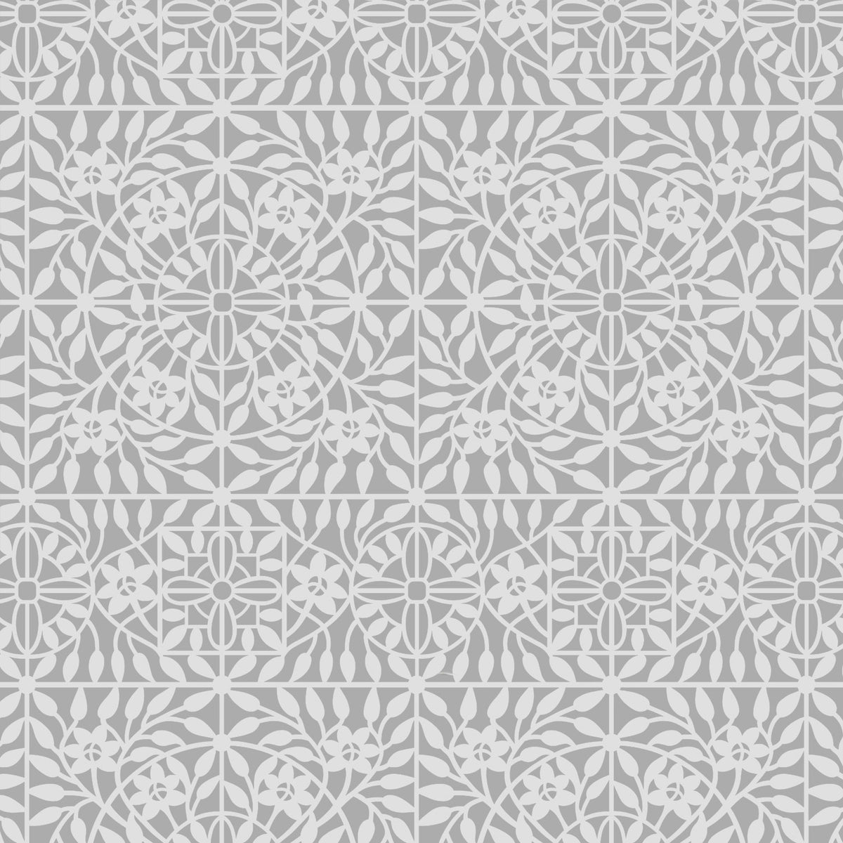 Gray and white seamless wall stencil featuring a repeating geometric and floral tile design in gray.