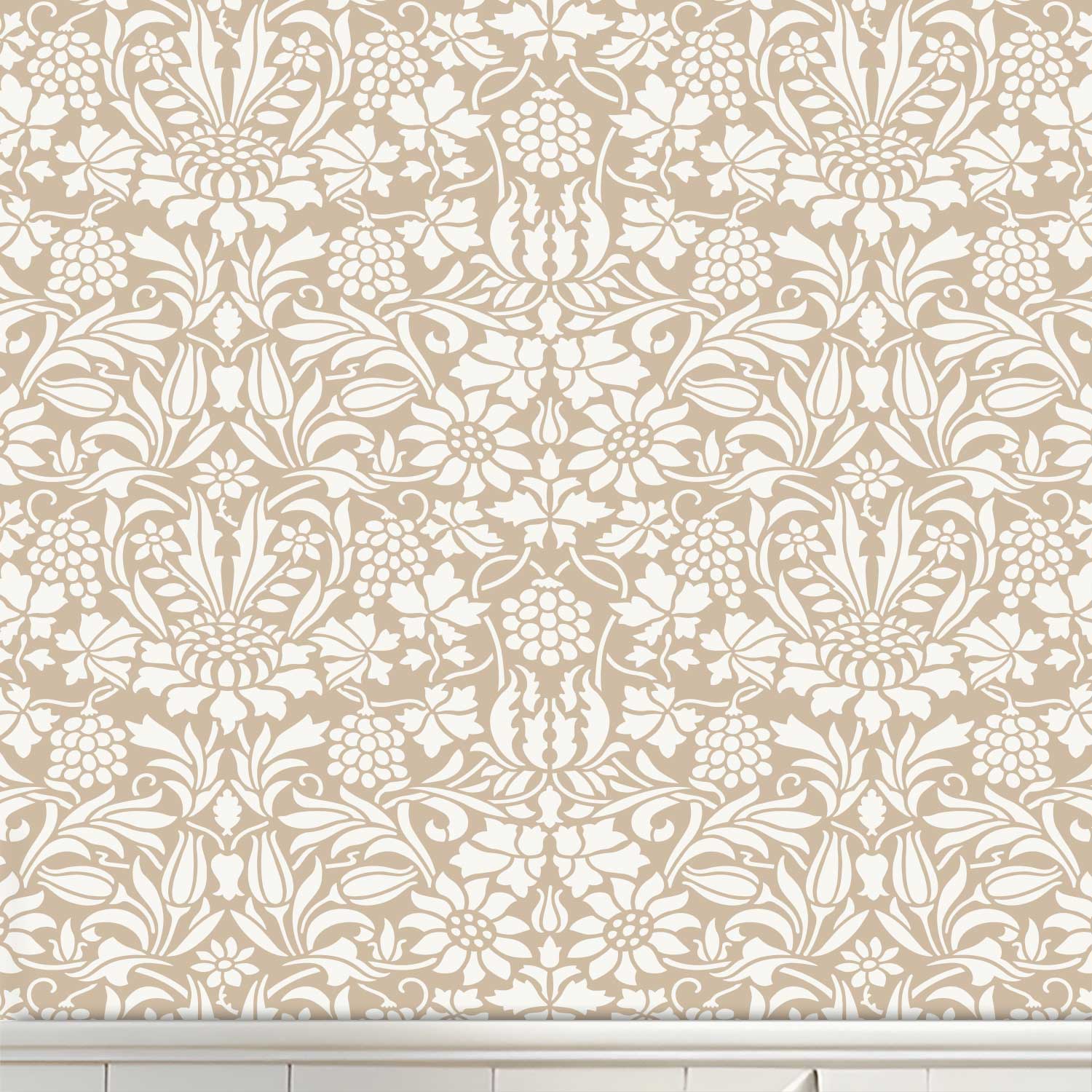 Thistle and Vine wall stencil pattern shown in beige and cream floral design with repeating motifs, ideal for DIY wall painting and interior decor projects.