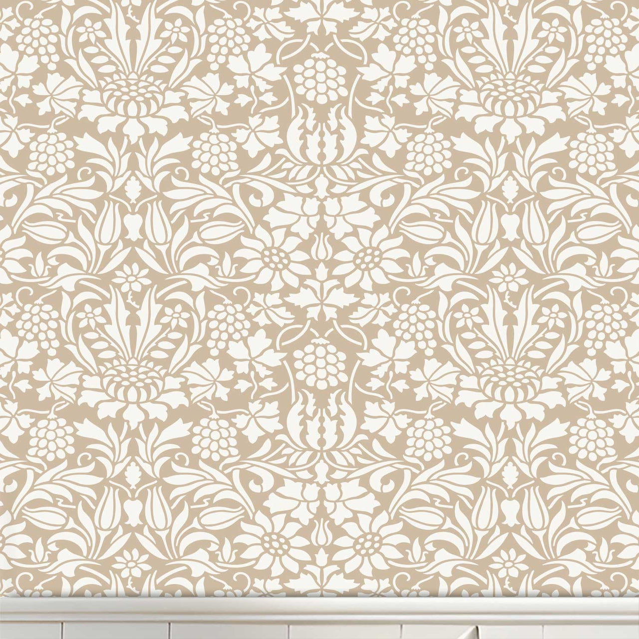 Thistle and Vine wall stencil pattern shown in beige and cream floral design with repeating motifs, ideal for DIY wall painting and interior decor projects.