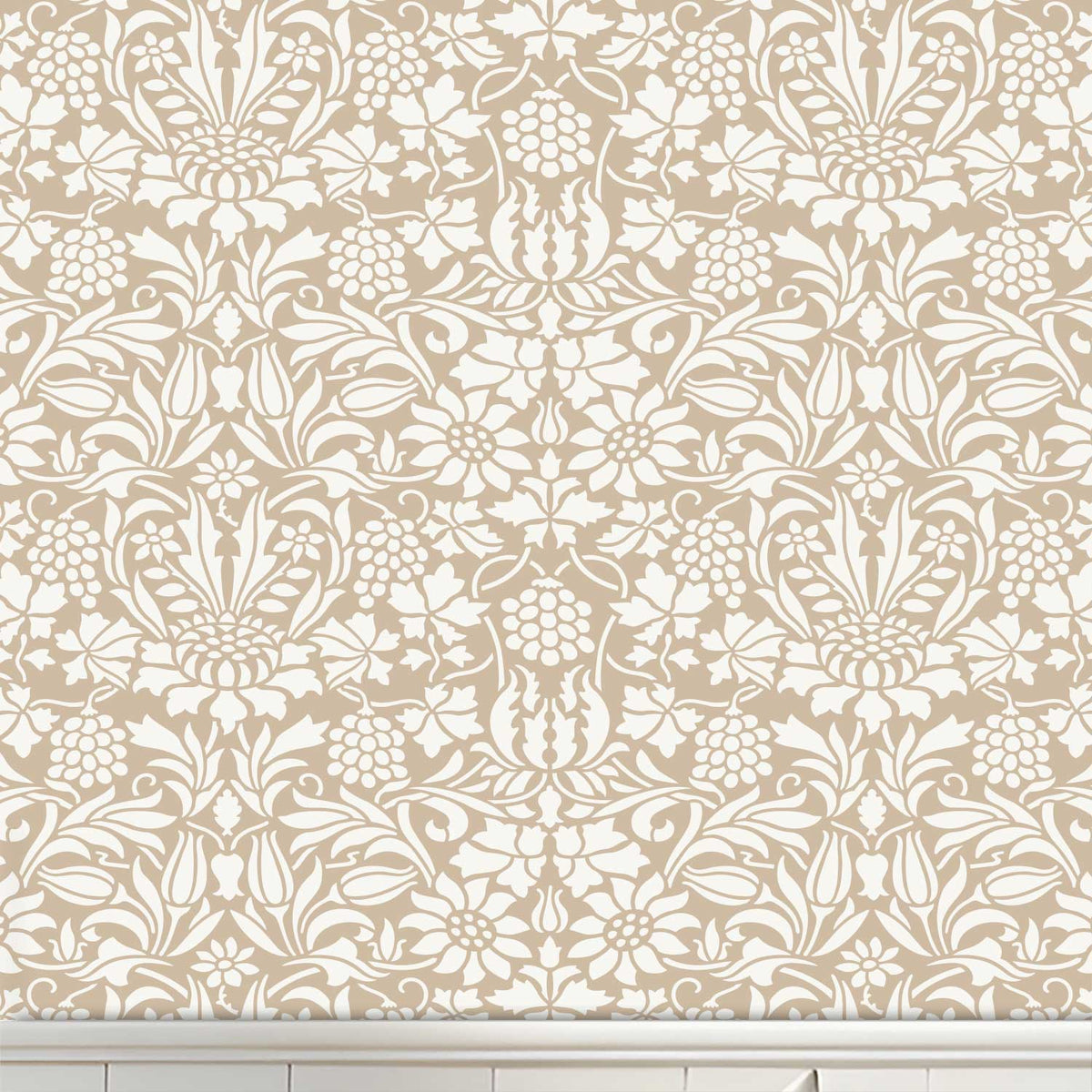 Thistle and Vine wall stencil pattern shown in beige and cream floral design with repeating motifs, ideal for DIY wall painting and interior decor projects.