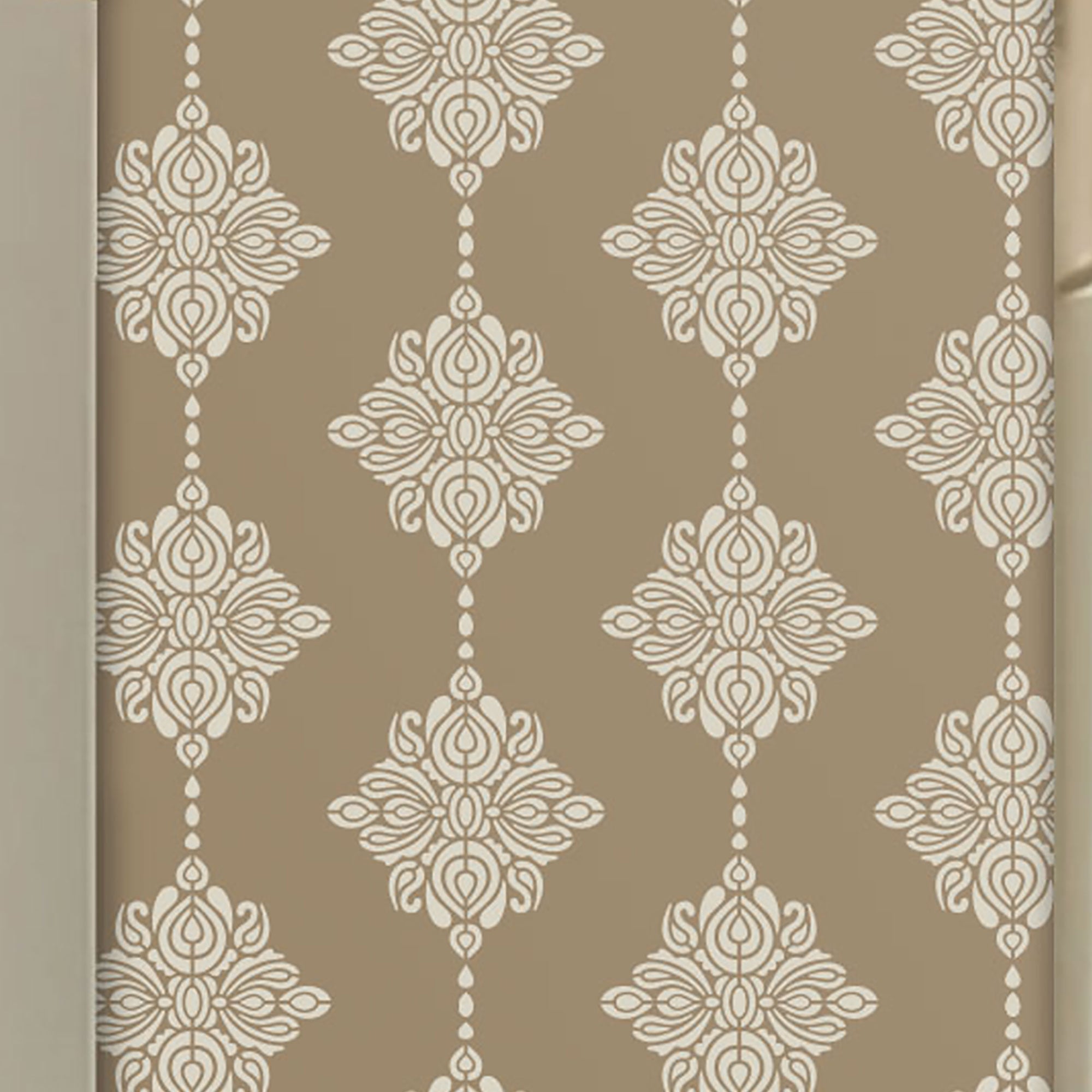 Damask Block print wall stencil pattern shown in beige on white floral design with repeating motifs, ideal for DIY wall painting and interior decor projects.