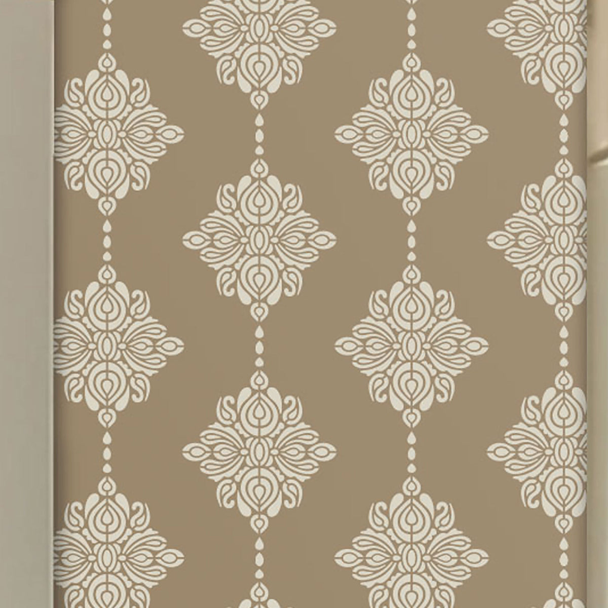 Damask Block print wall stencil pattern shown in beige on white floral design with repeating motifs, ideal for DIY wall painting and interior decor projects.