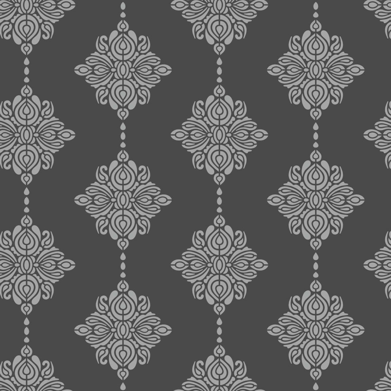 Enchanted forest wall stencil pattern shown in light gray on dark gray floral design with repeating motifs, ideal for DIY wall painting and interior decor projects.