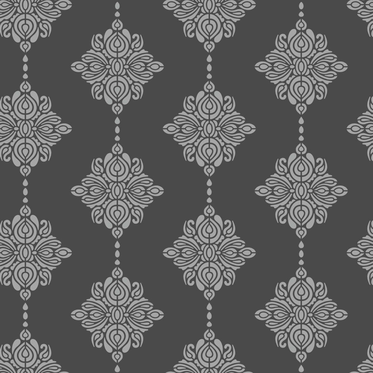 Damask Block print wall stencil pattern shown in light gray on dark gray floral design with repeating motifs, ideal for DIY wall painting and interior decor projects.