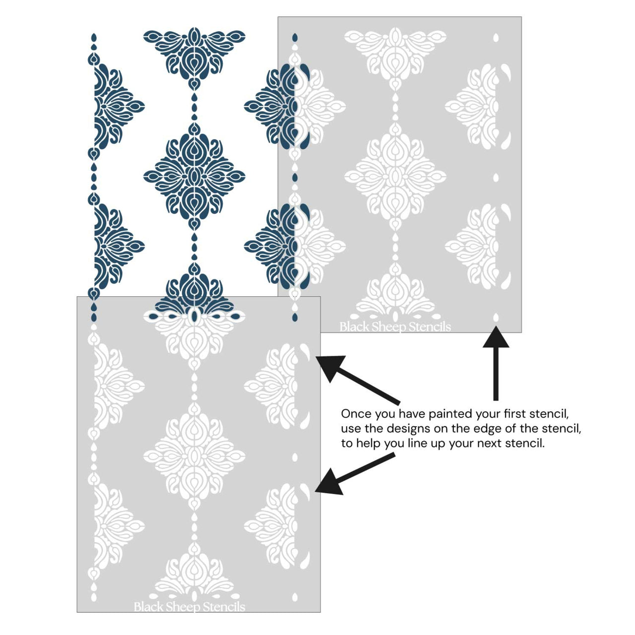 Enchanted forest wall stencil shown with alignment guides, demonstrating how to line up overlapping stencil sheets for continuous floral pattern during DIY wall painting.