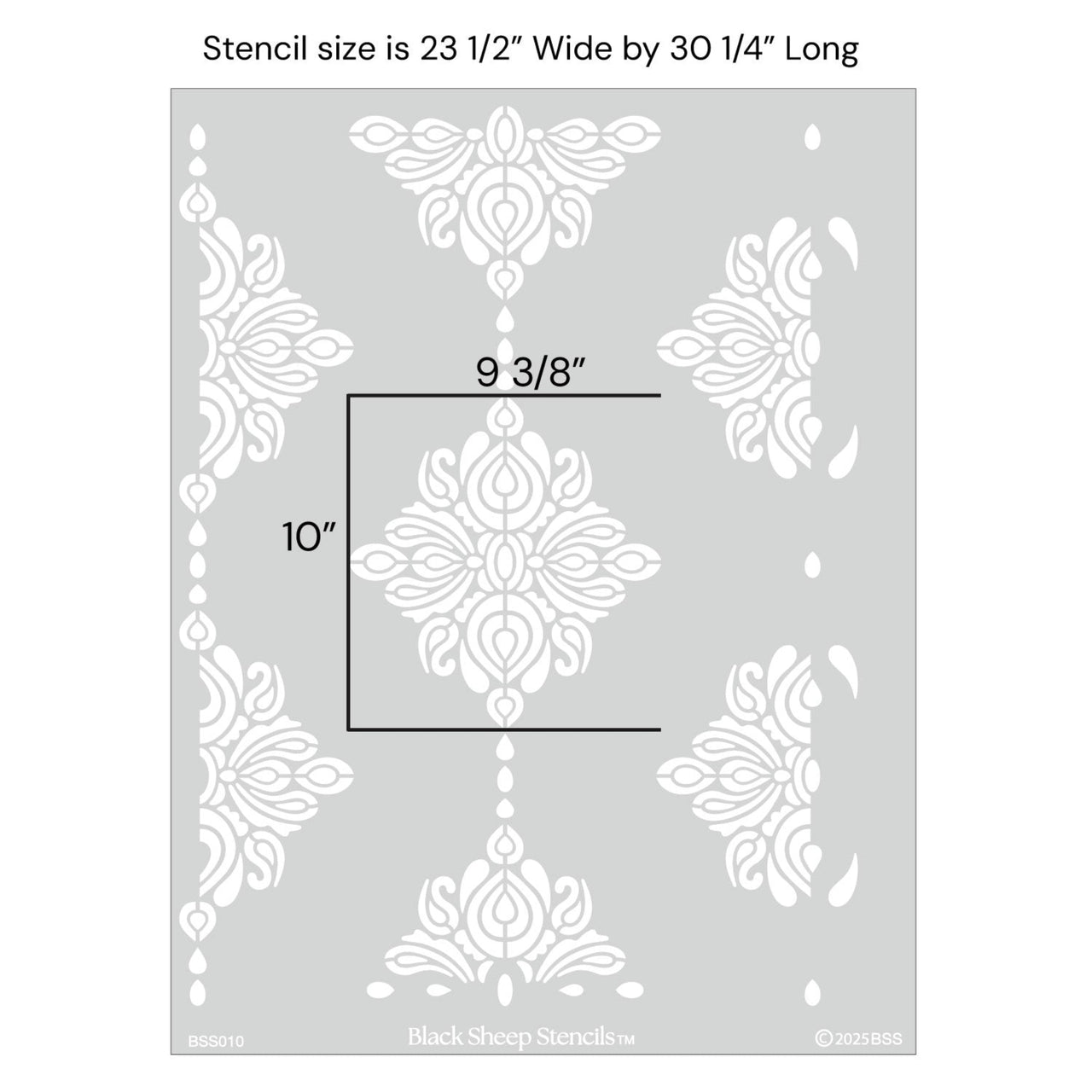 Enchanted forest wall stencil with product dimensions showing 23 1/2 inches wide by 30 1/4 inches long.