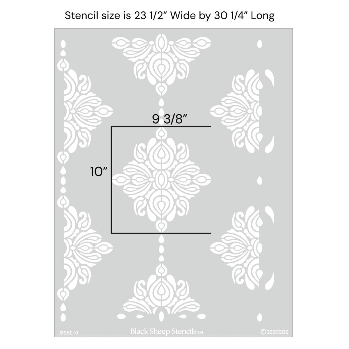 Damask Block print wall stencil with product dimensions showing 23 1/2 inches wide by 30 1/4 inches long.